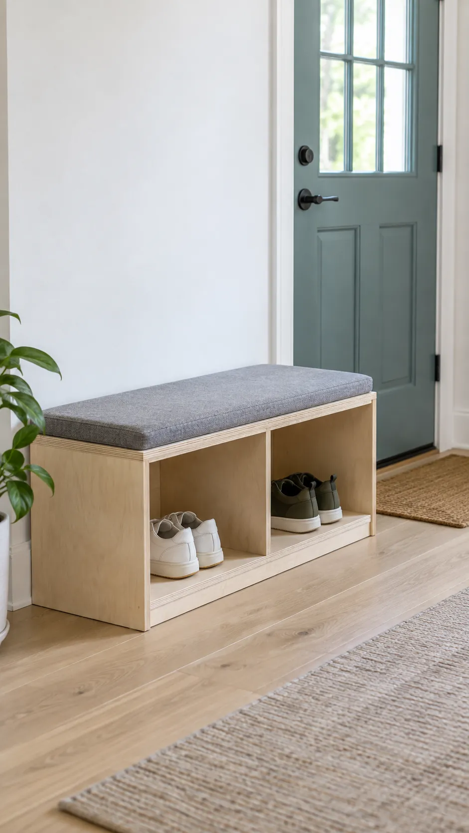 DIY plywood shoe bench with open storage in a small entryway