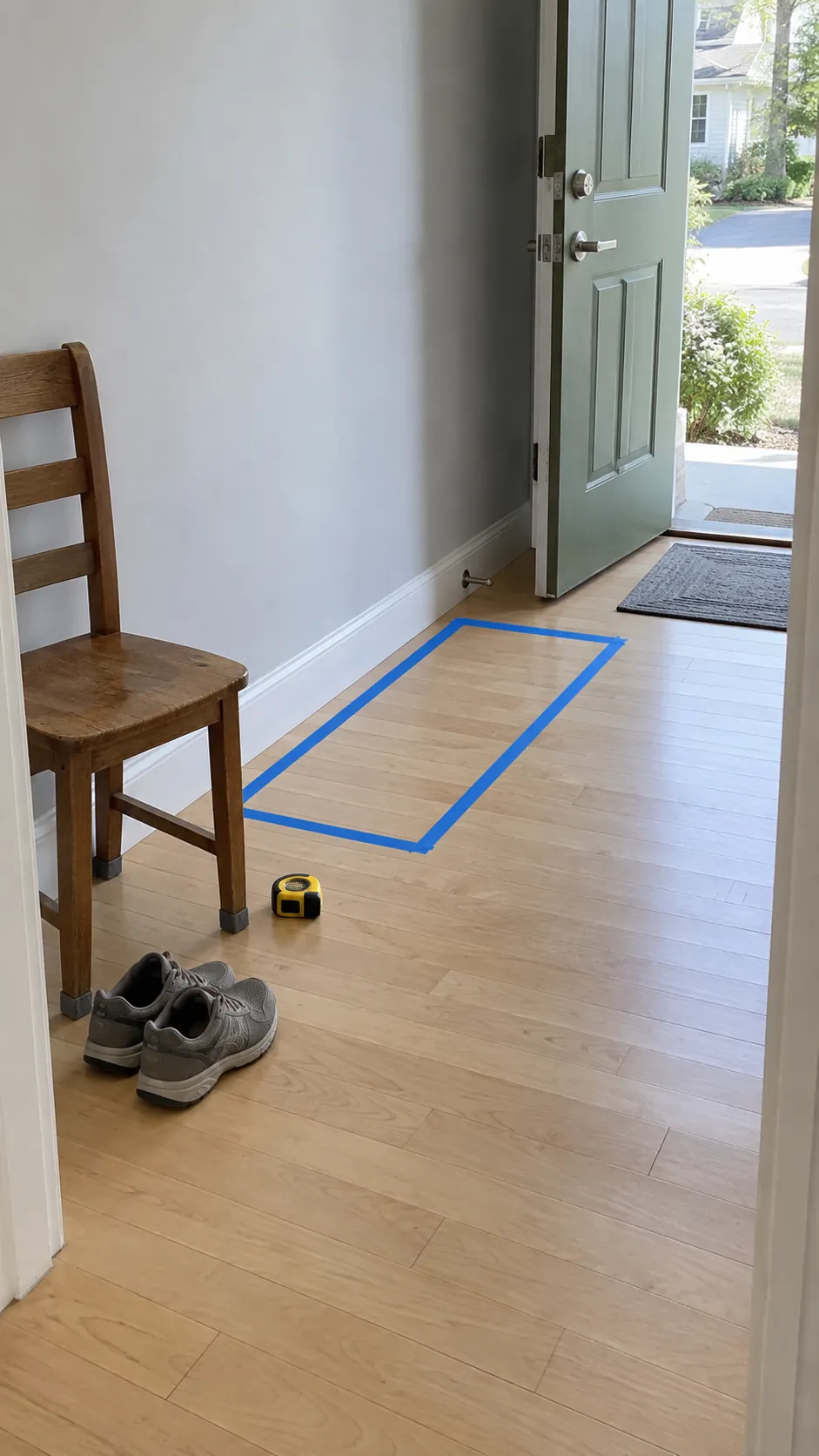 Compact shoe bench footprint beside an open entry door