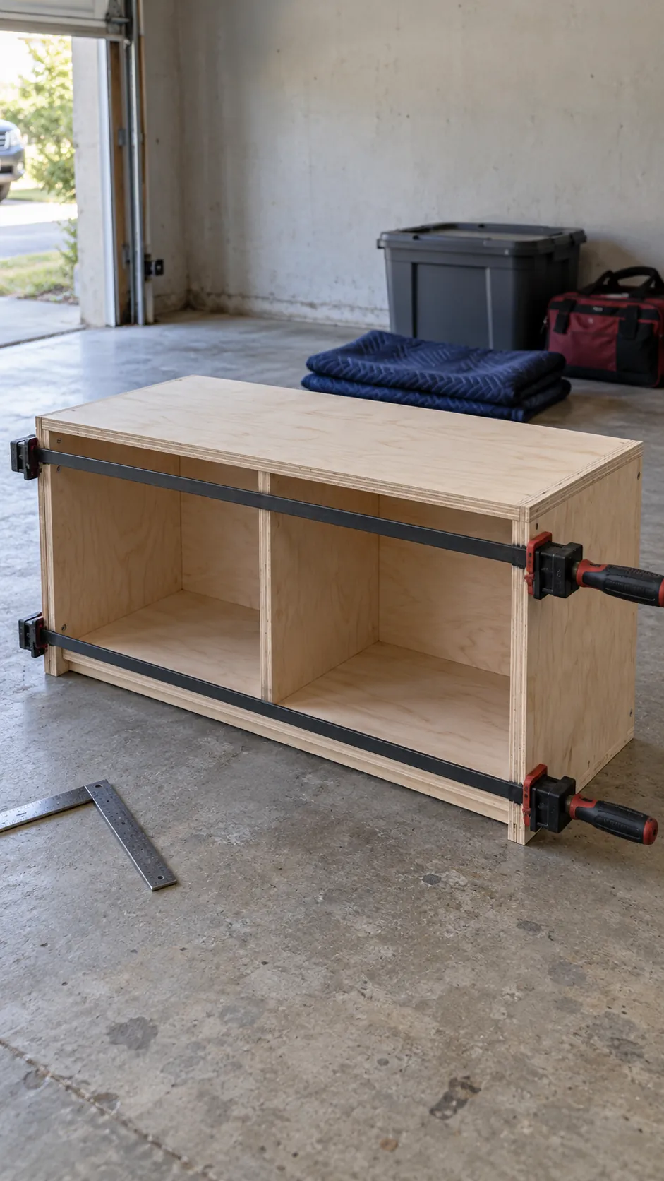 Plywood shoe bench carcass with center seat support and rear panel