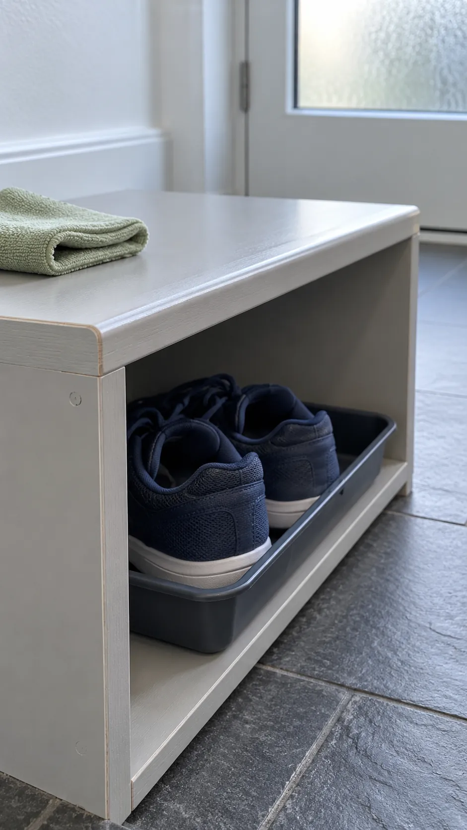 Sealed bench edge above a removable shoe tray