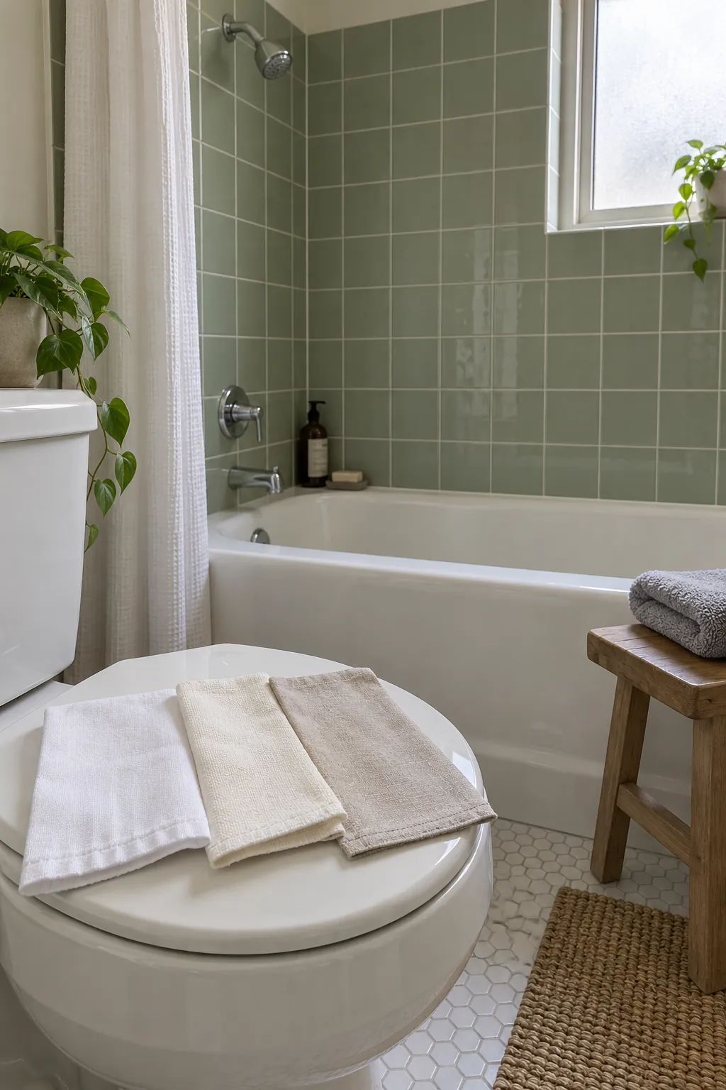 Sage bathroom with white and ivory fabric samples beside green tile
