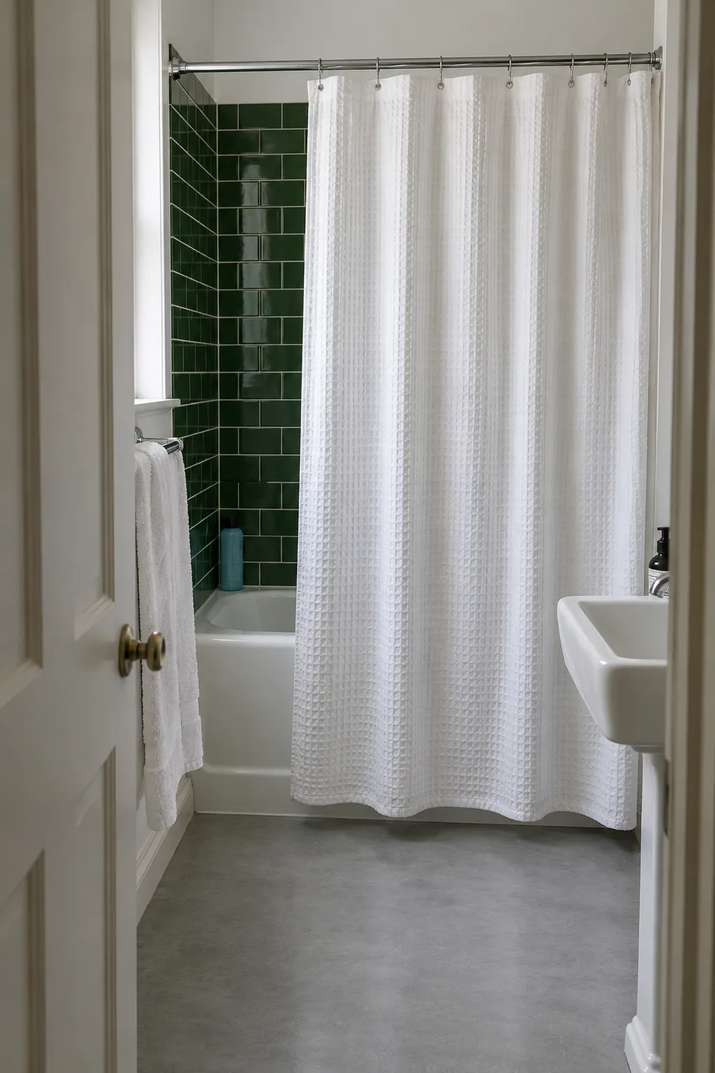 White textured shower curtain beside deep green bathroom tile