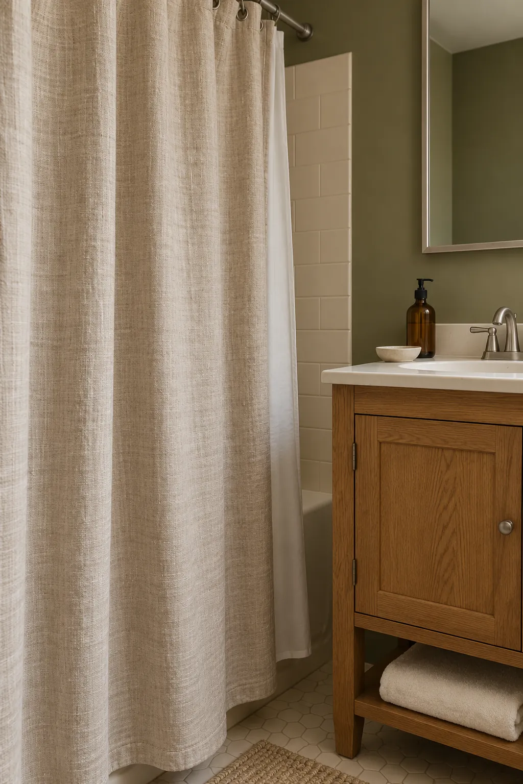 Oatmeal shower curtain with olive walls and a wood vanity