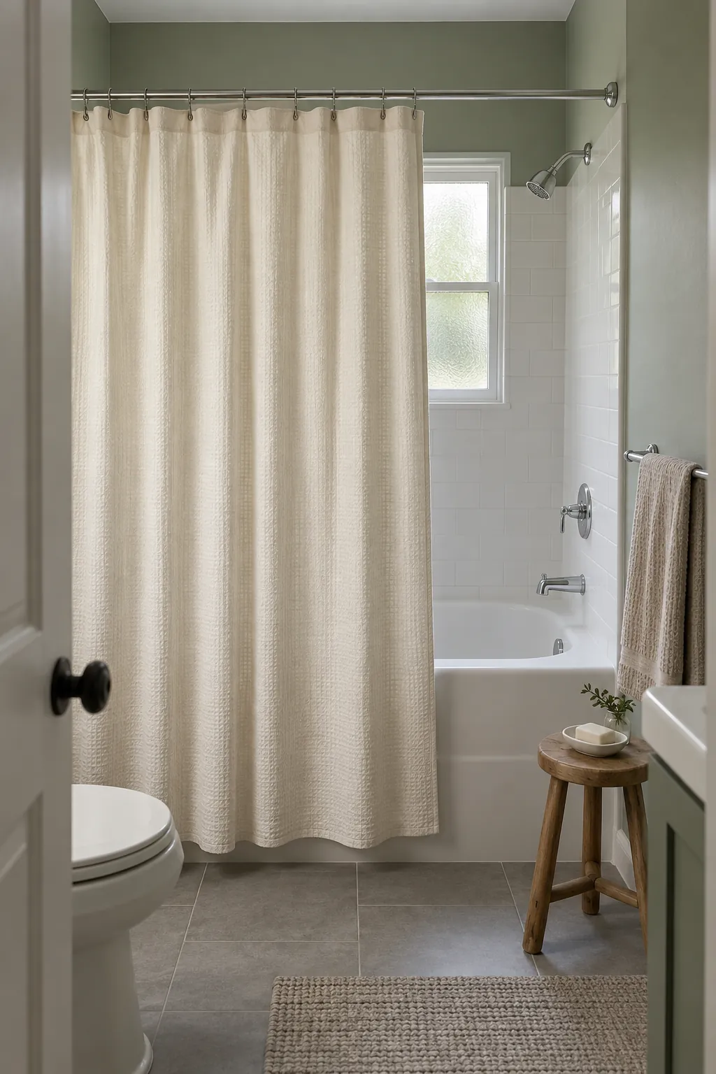 Ivory shower curtain calming sage bathroom walls and white fixtures
