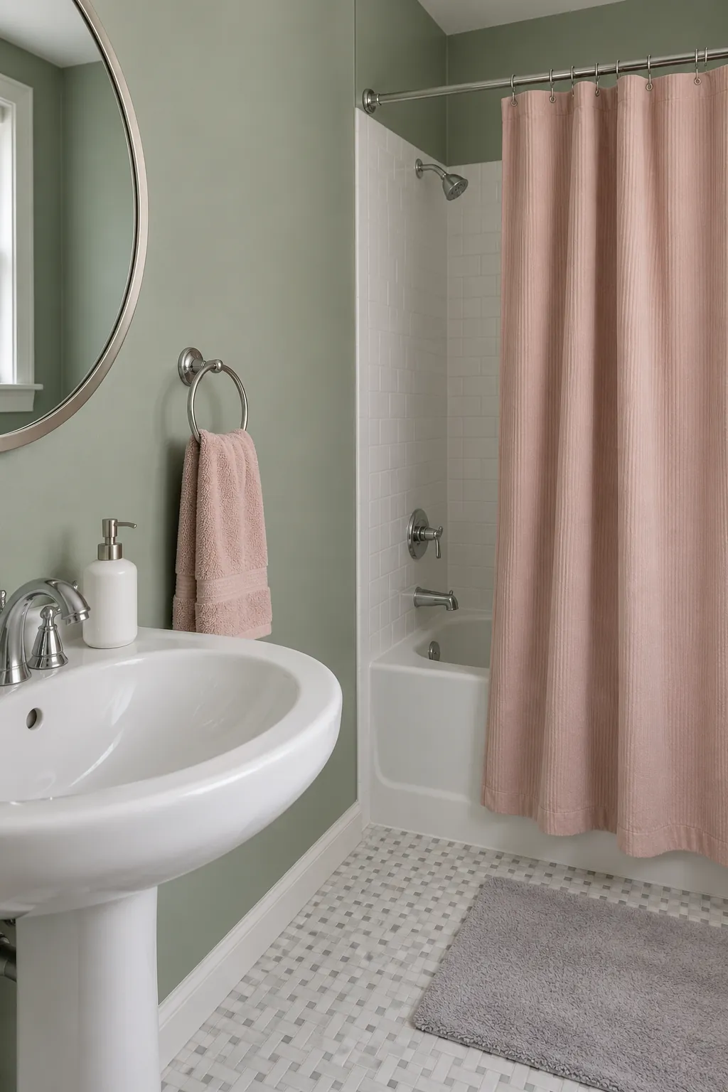 Muted blush shower curtain against sage bathroom walls