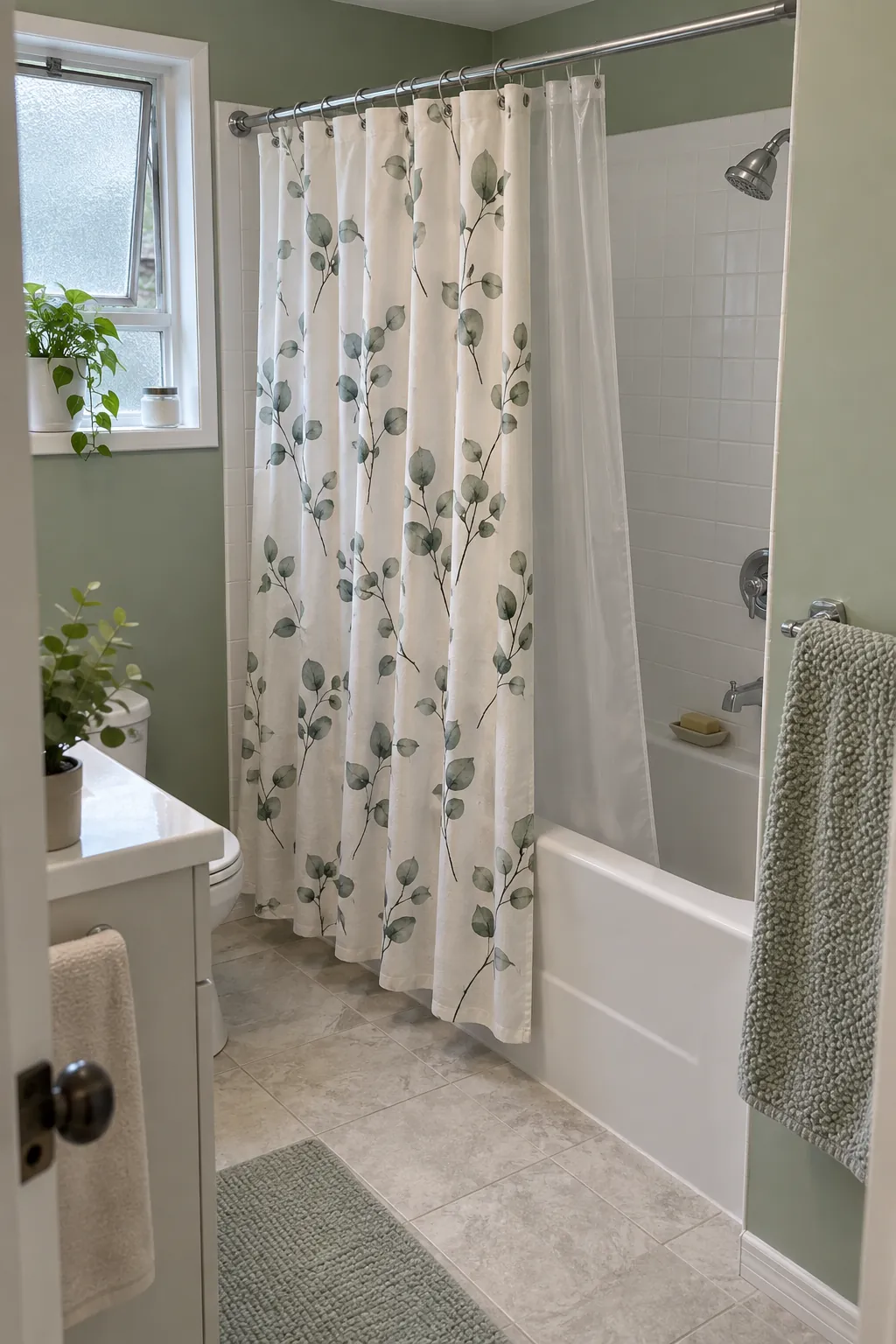 Botanical shower curtain drying outside a bathtub in a green bathroom