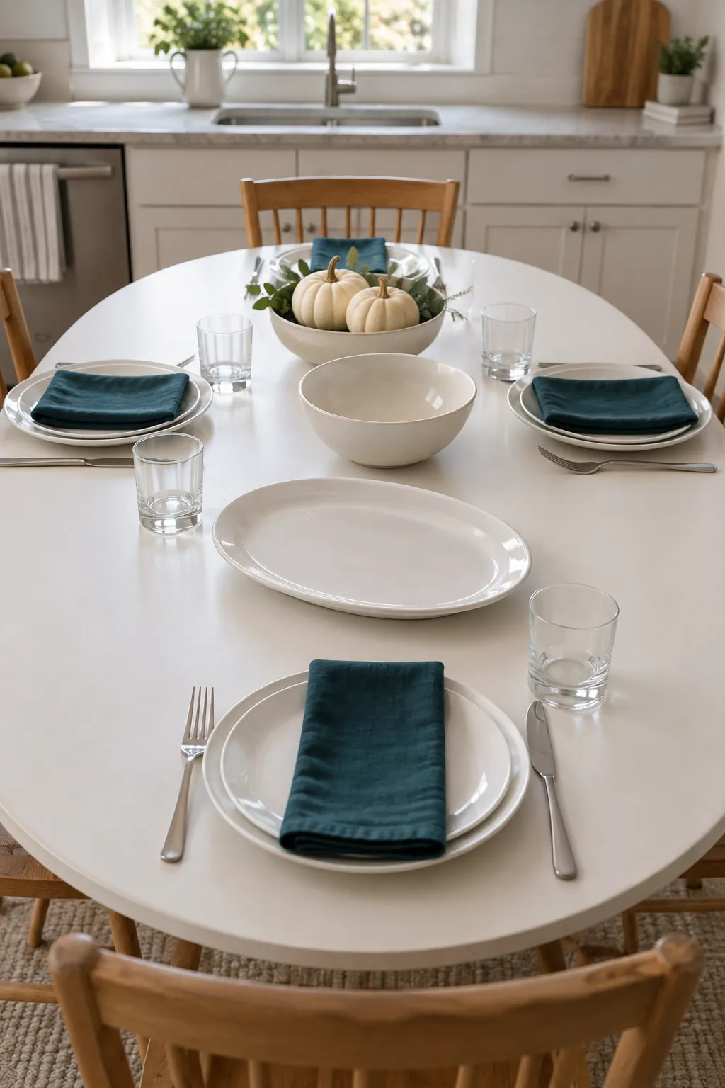 Simple Thanksgiving table with pumpkins, teal napkins, and clear space for serving dishes