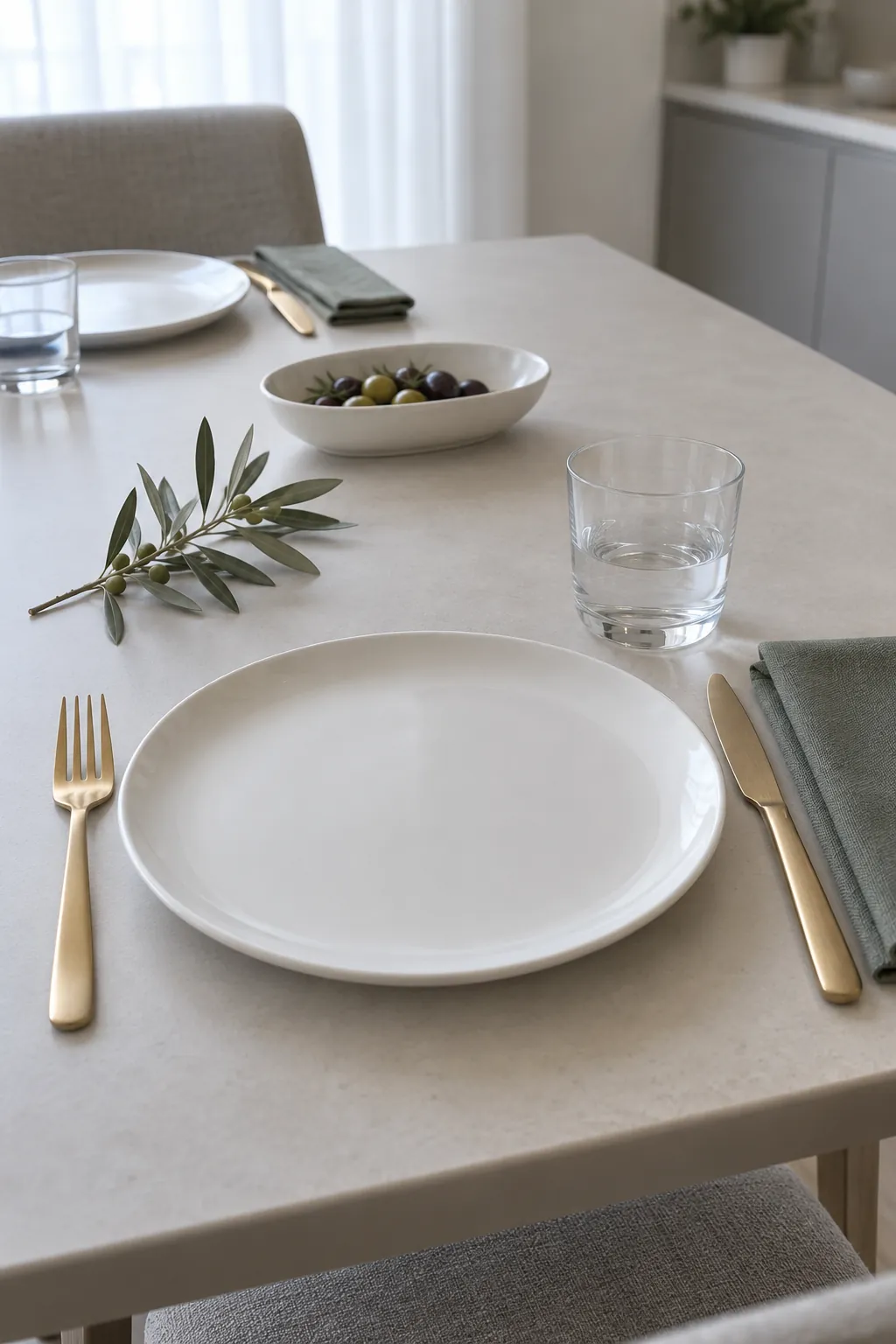 White Plates with Gold Flatware and Olive Sprigs on a practical Thanksgiving dining table