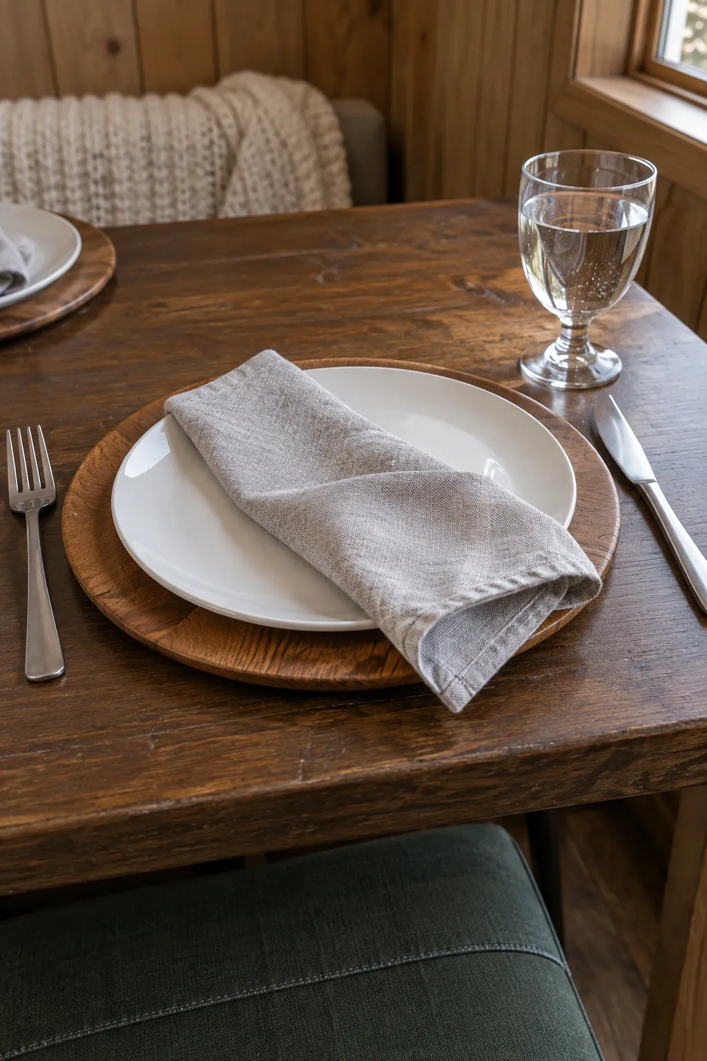 Wooden Chargers with Soft Linen Napkins on a practical Thanksgiving dining table