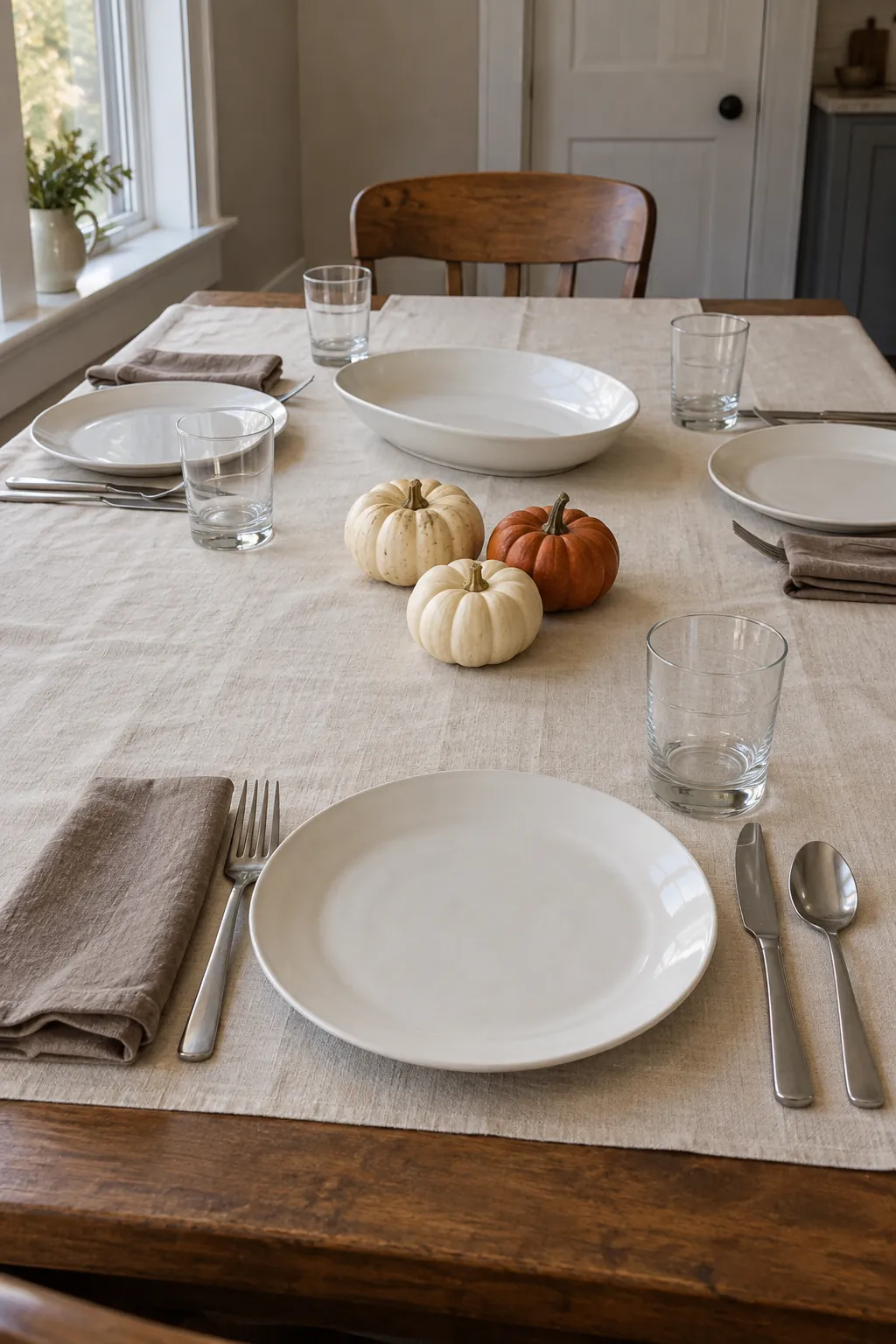 Neutral Linens with Mini Pumpkins on a practical Thanksgiving dining table