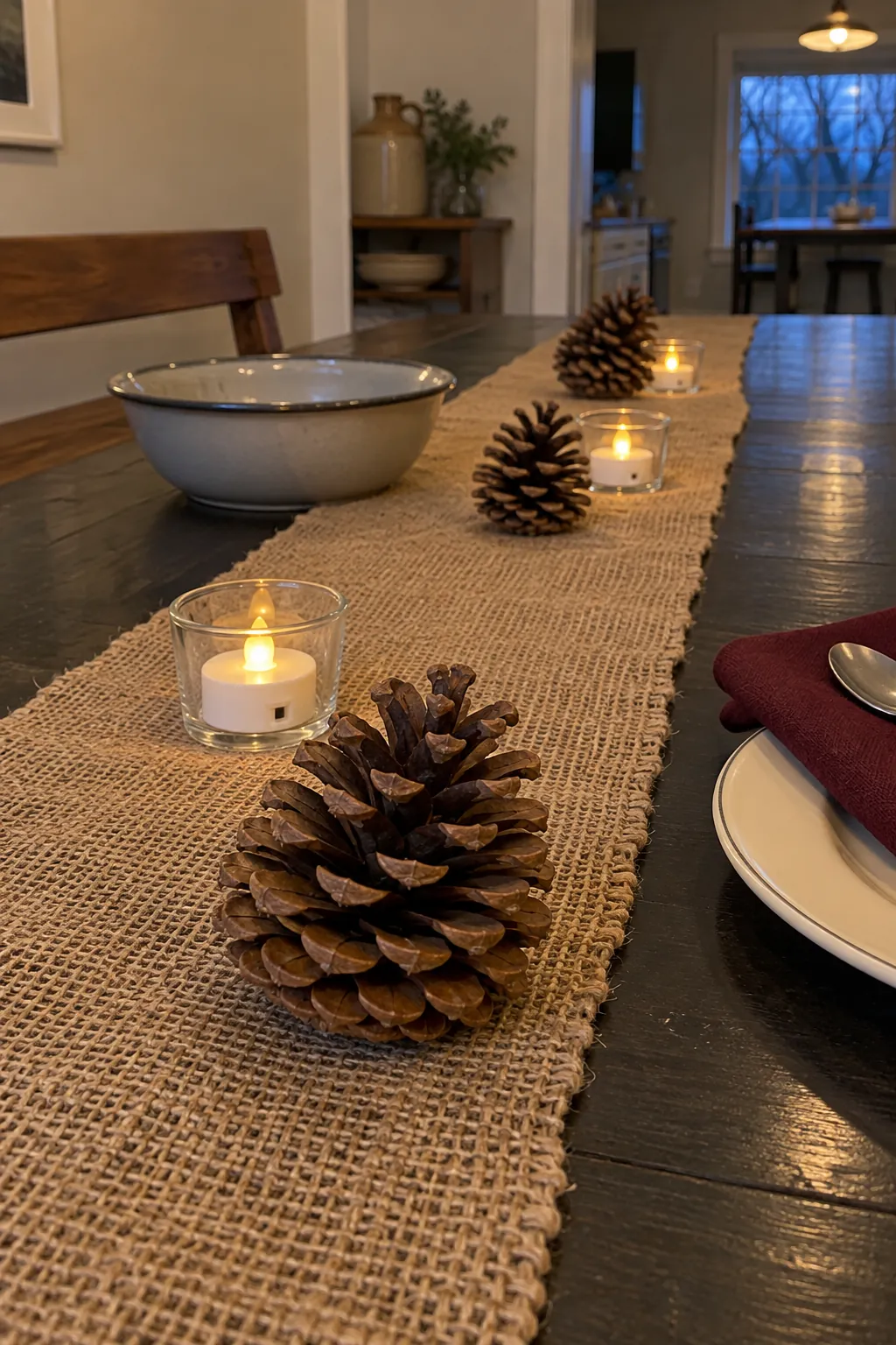Burlap with Pinecones and Battery Tea Lights on a practical Thanksgiving dining table