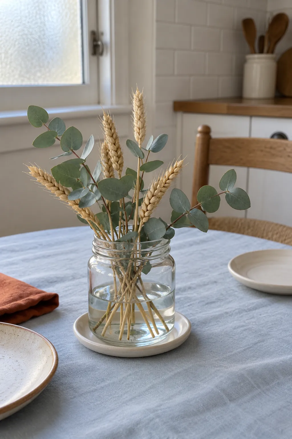Short Jar Vases with Wheat and Eucalyptus on a practical Thanksgiving dining table
