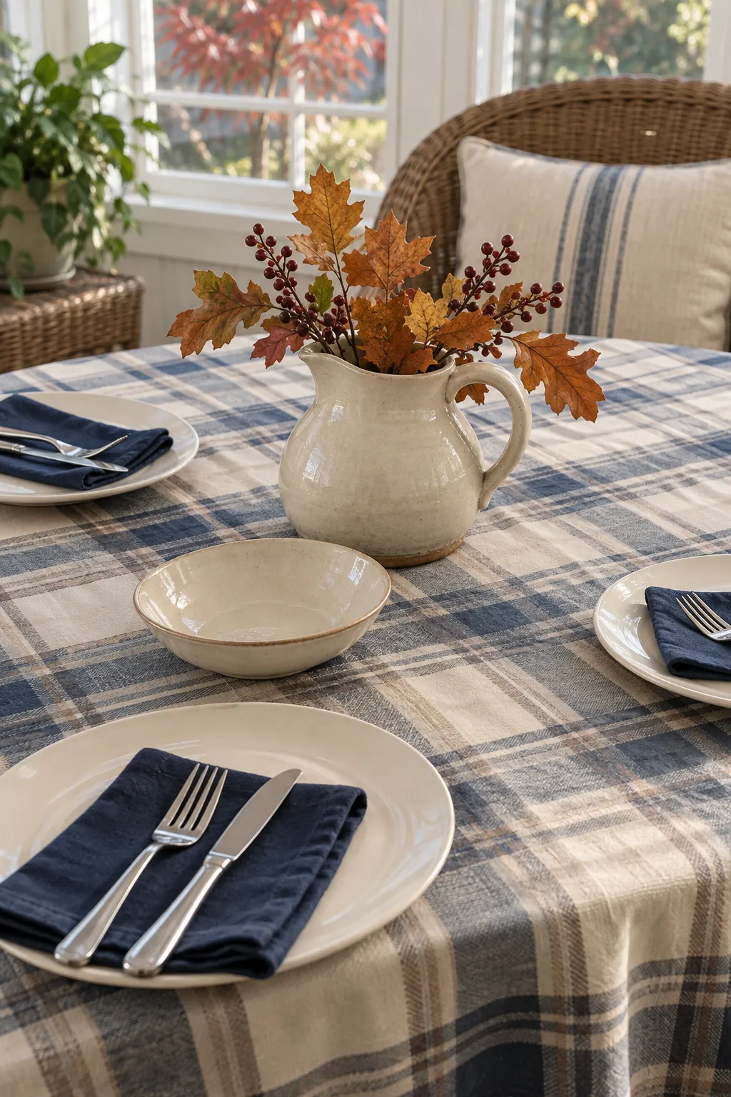 A Plaid Cloth with a Low Ceramic Pitcher on a practical Thanksgiving dining table