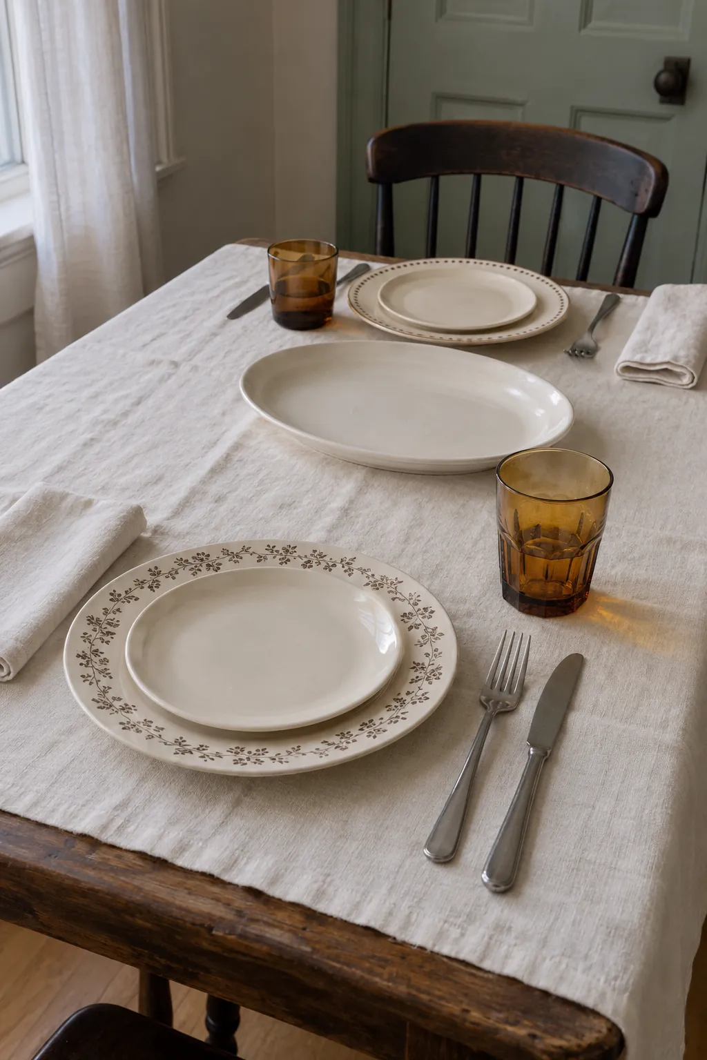 Collected Dishes with Amber Glasses on a practical Thanksgiving dining table