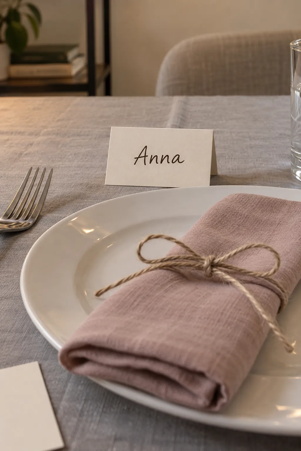 Handwritten Place Cards with Loose Twine Ties on a practical Thanksgiving dining table