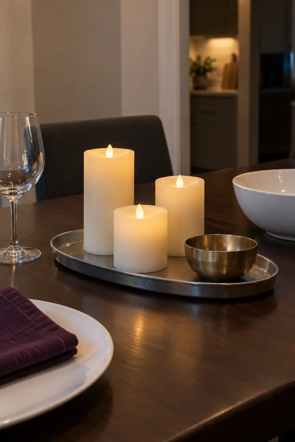 A Compact Candle Group with Muted Metal on a practical Thanksgiving dining table