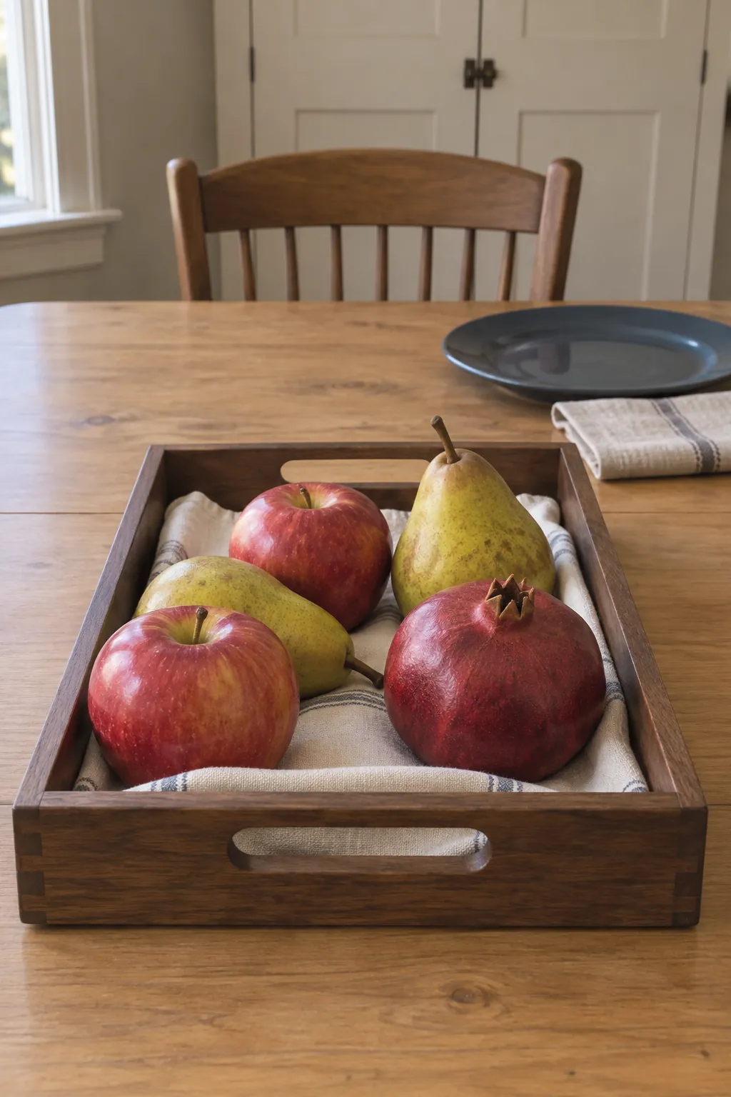 A Shallow Wooden Tray of Seasonal Fruit on a practical Thanksgiving dining table