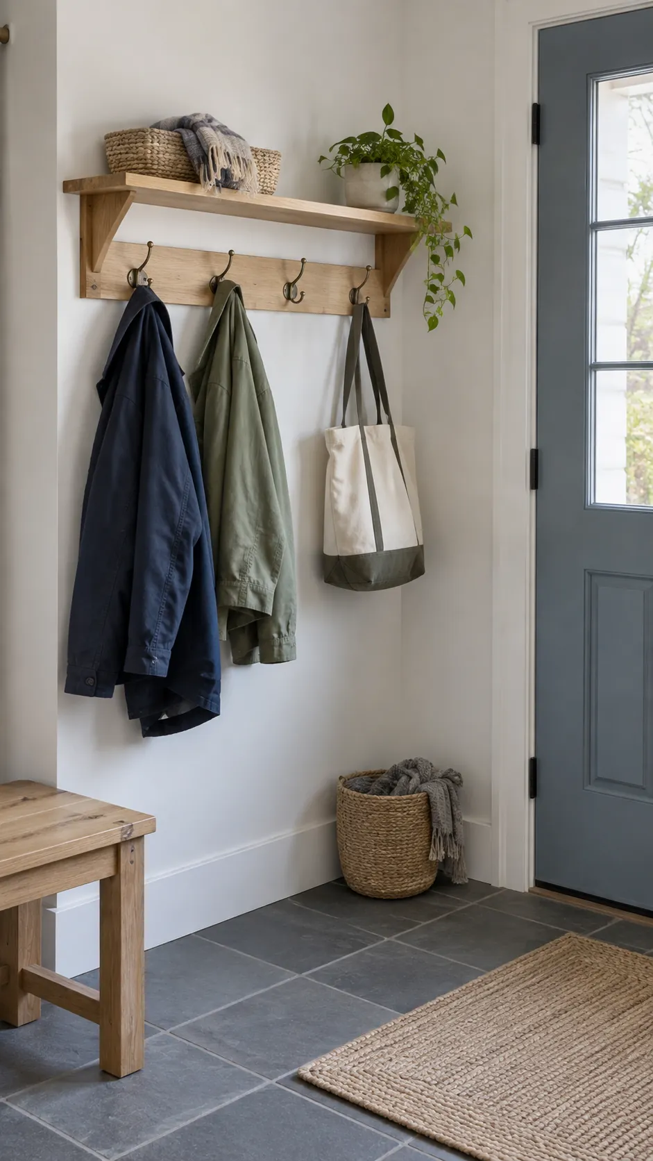 Organized coat rack with separate hooks for daily jackets and a bag