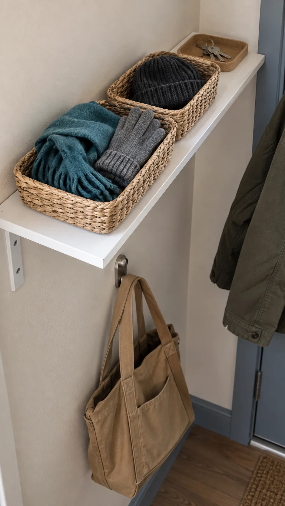 Separate bag hook and shallow scarf baskets beside coats