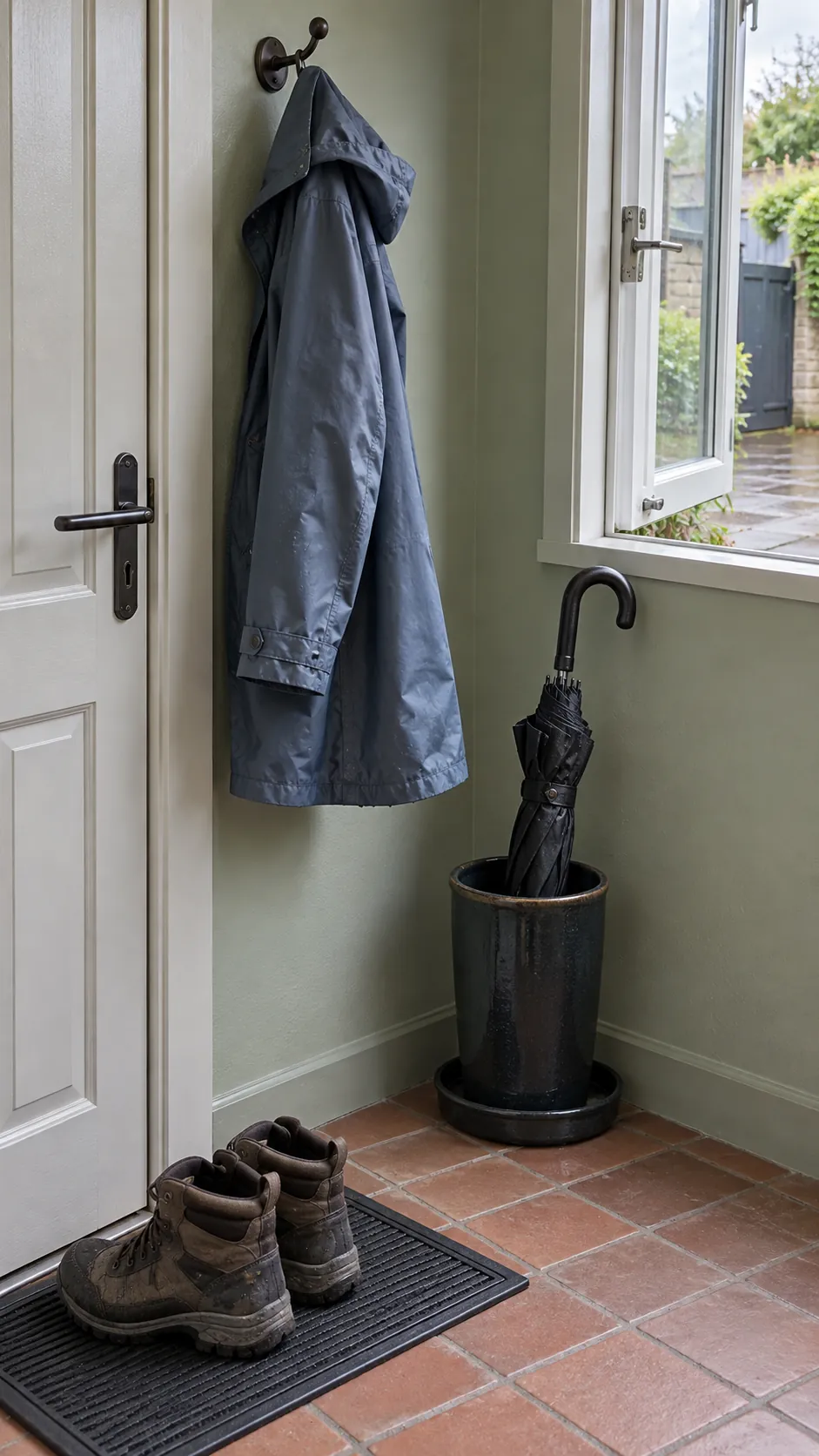Rain coat and umbrella drying away from crowded storage