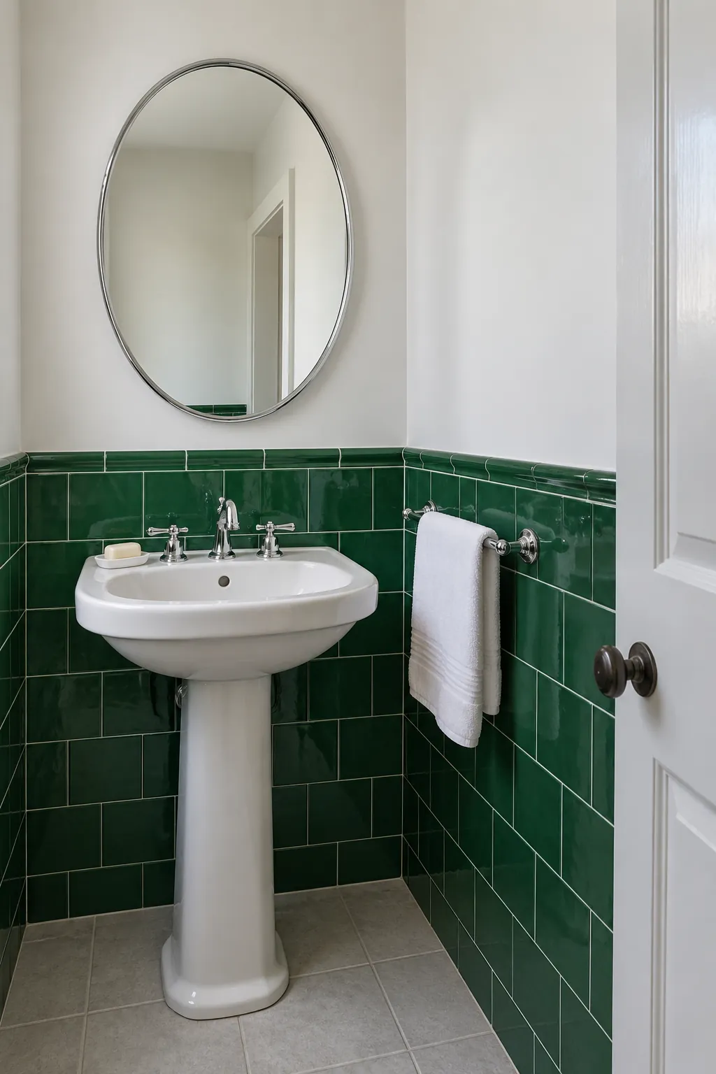 Soft white walls above emerald bathroom tile and white sink