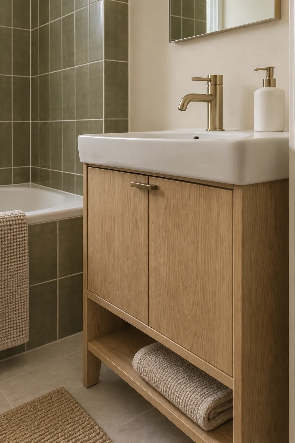 Oak vanity and cream wall beside olive green tiles