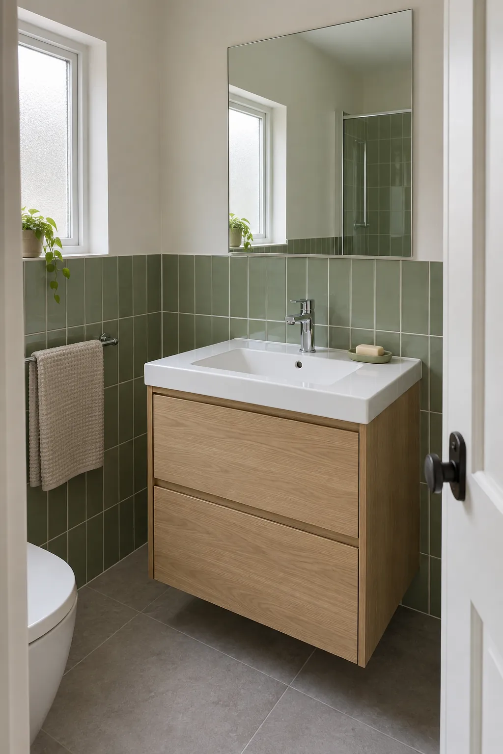 Sage green bathroom tiles paired with white walls and an oak vanity
