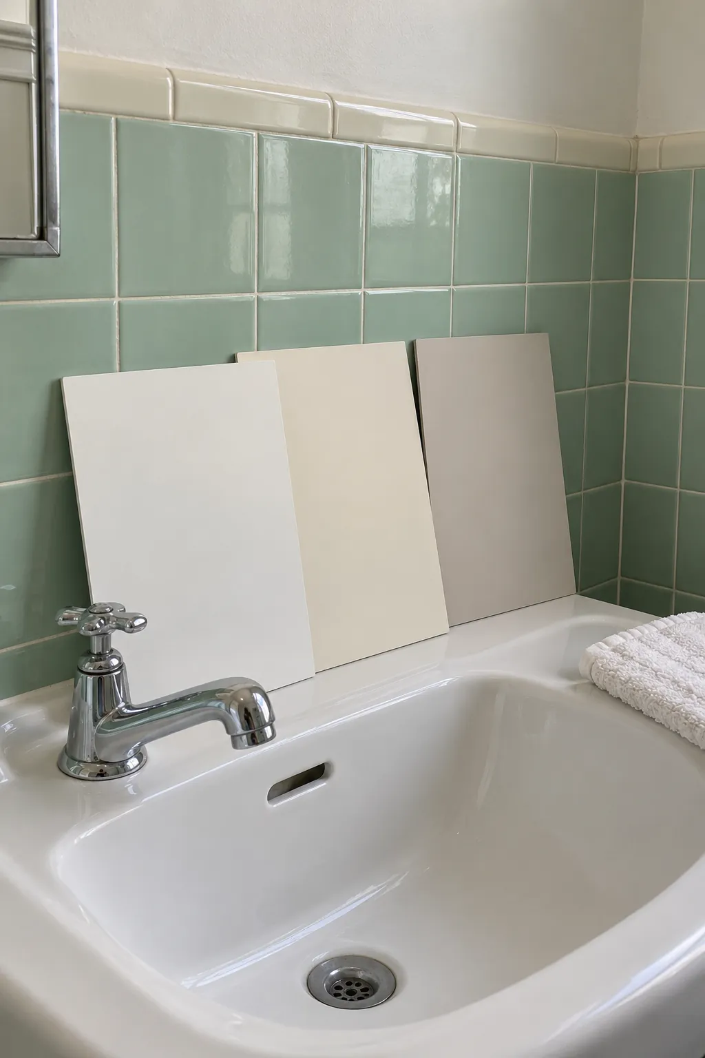 Paint sample boards compared with vintage green bathroom tiles