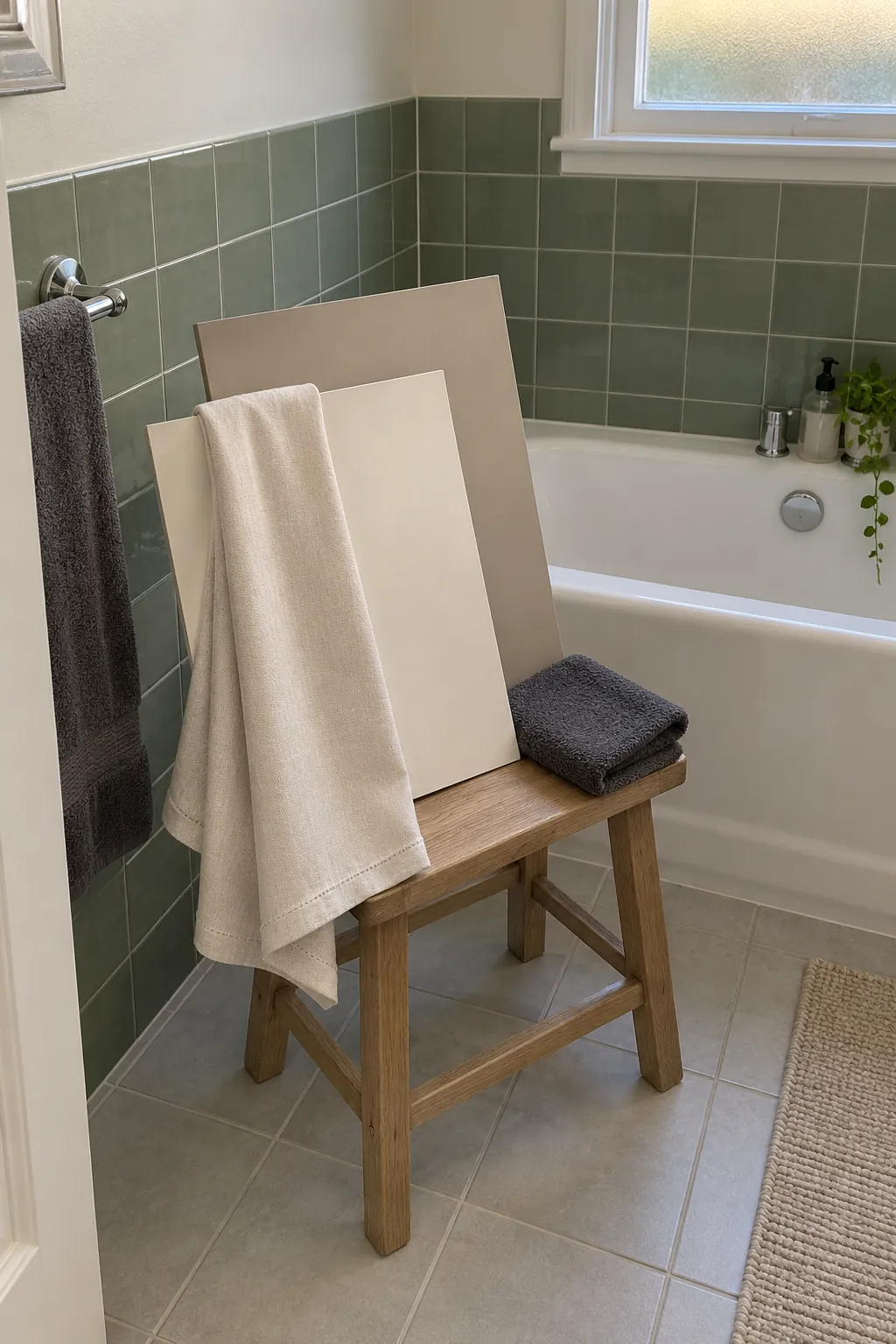 Neutral paint samples and curtain fabric tested beside green tile