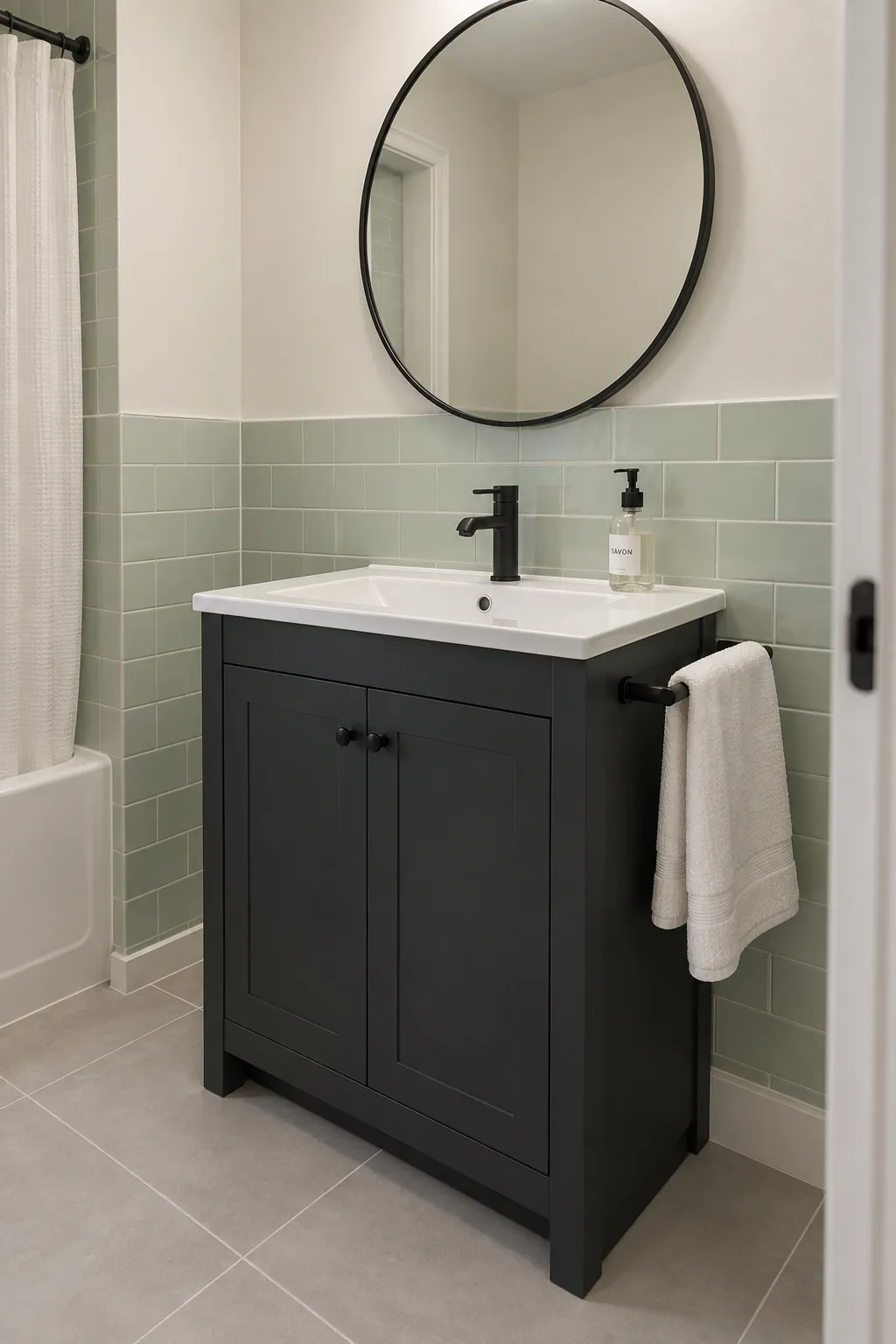 Charcoal vanity beneath pale green tile and a simple mirror