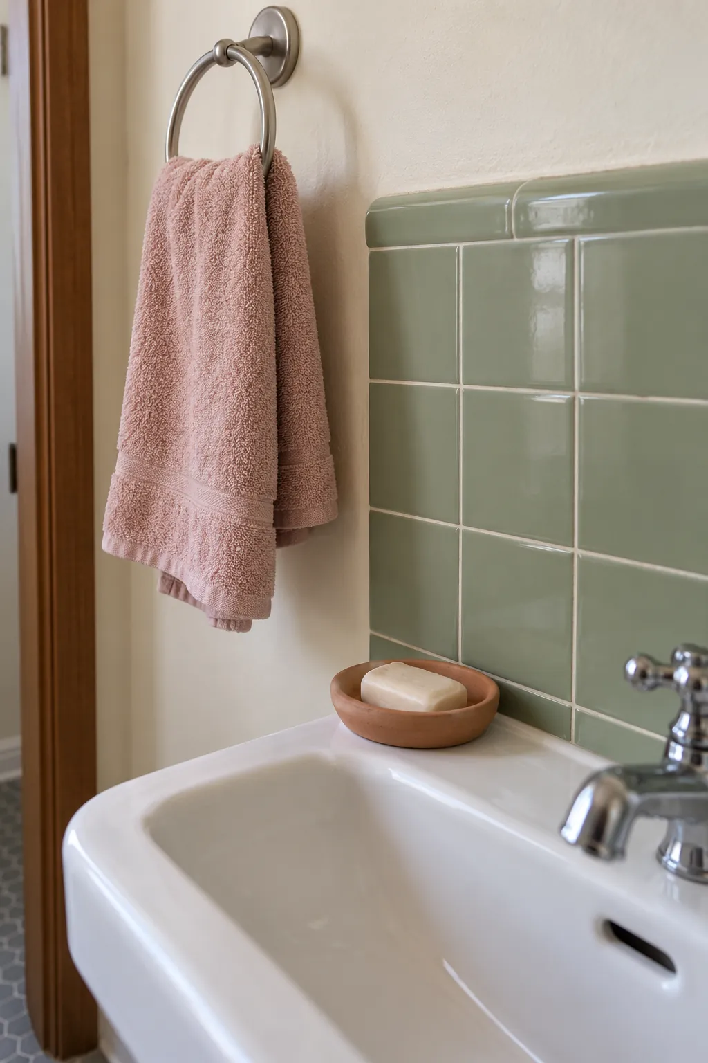 Blush towel and clay ceramic accents near sage tile