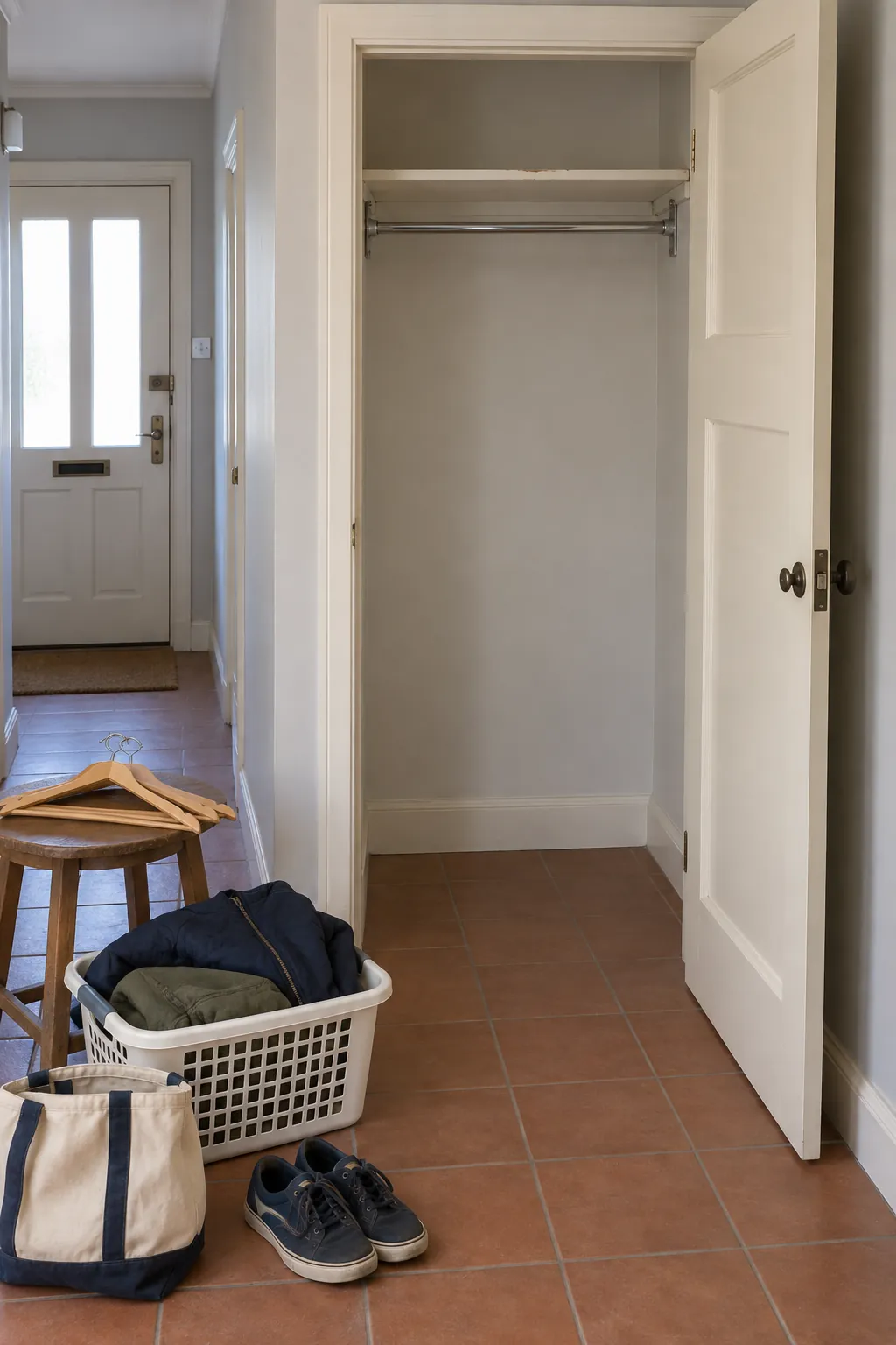 Empty hall closet with belongings sorted outside the doorway