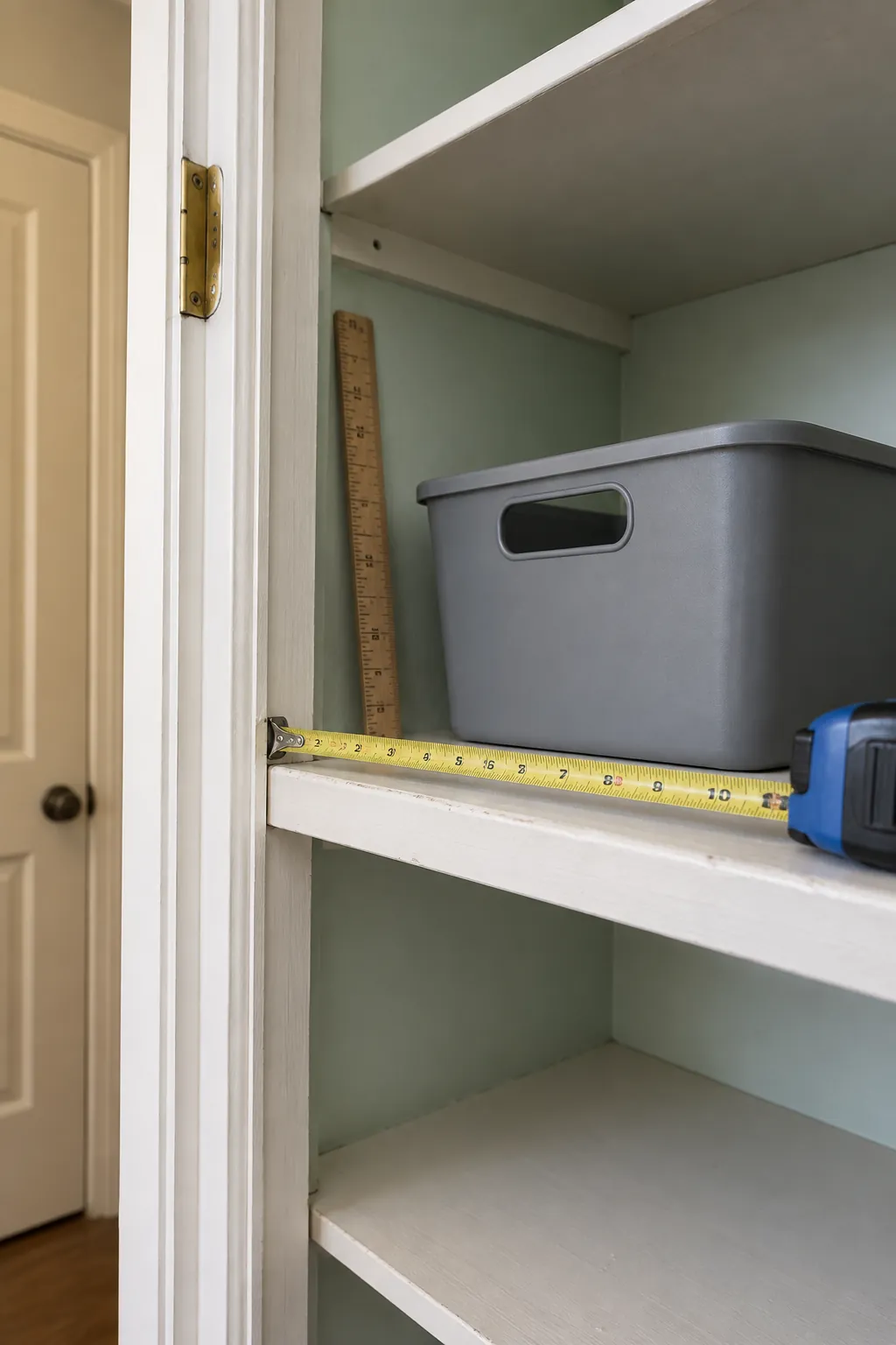 Tape measure checking a closet shelf and door opening