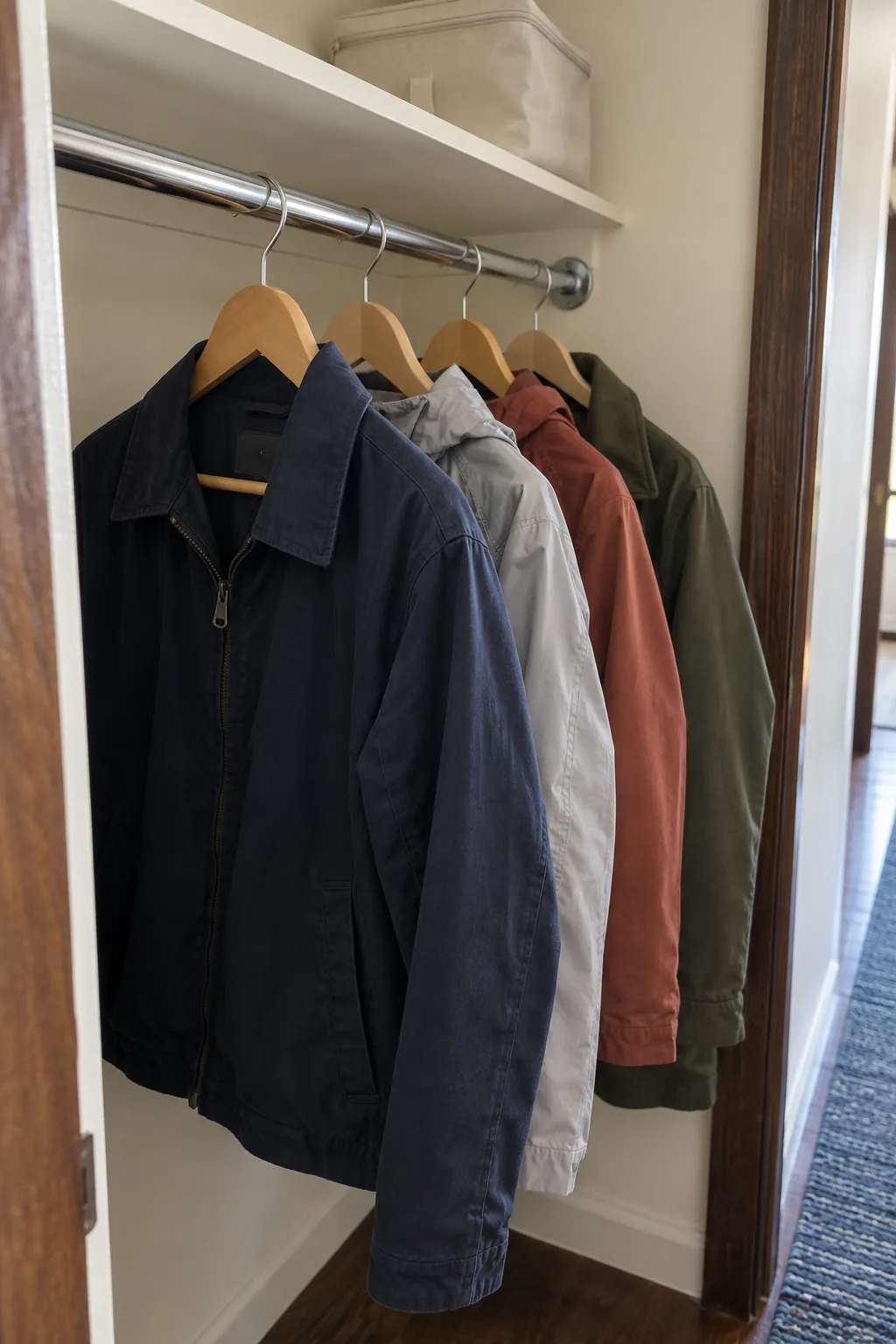 Daily coats spaced on hangers inside a narrow front hall closet