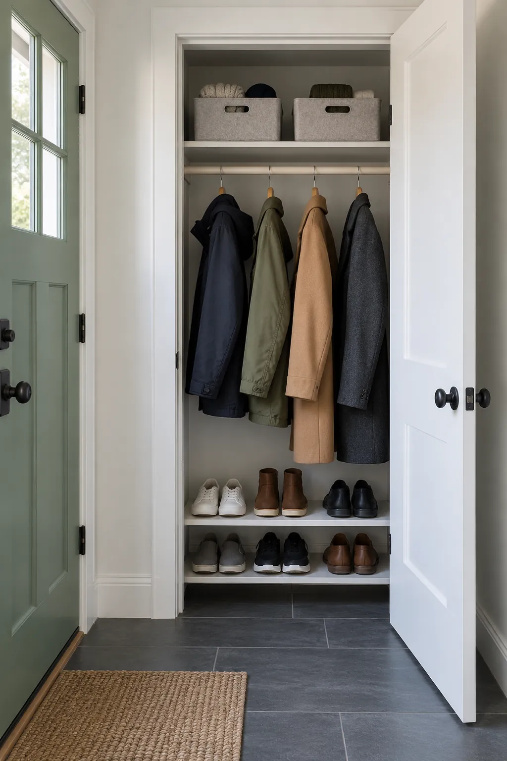Organized front hall closet with accessible coats bins and shoes