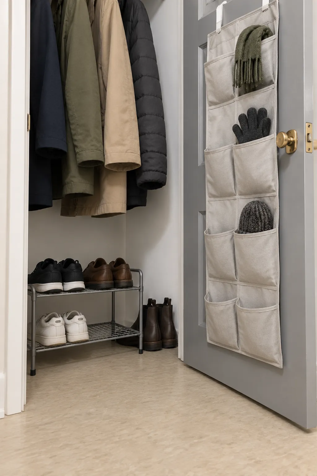 Low shoe shelf and light accessory pockets inside a hall closet