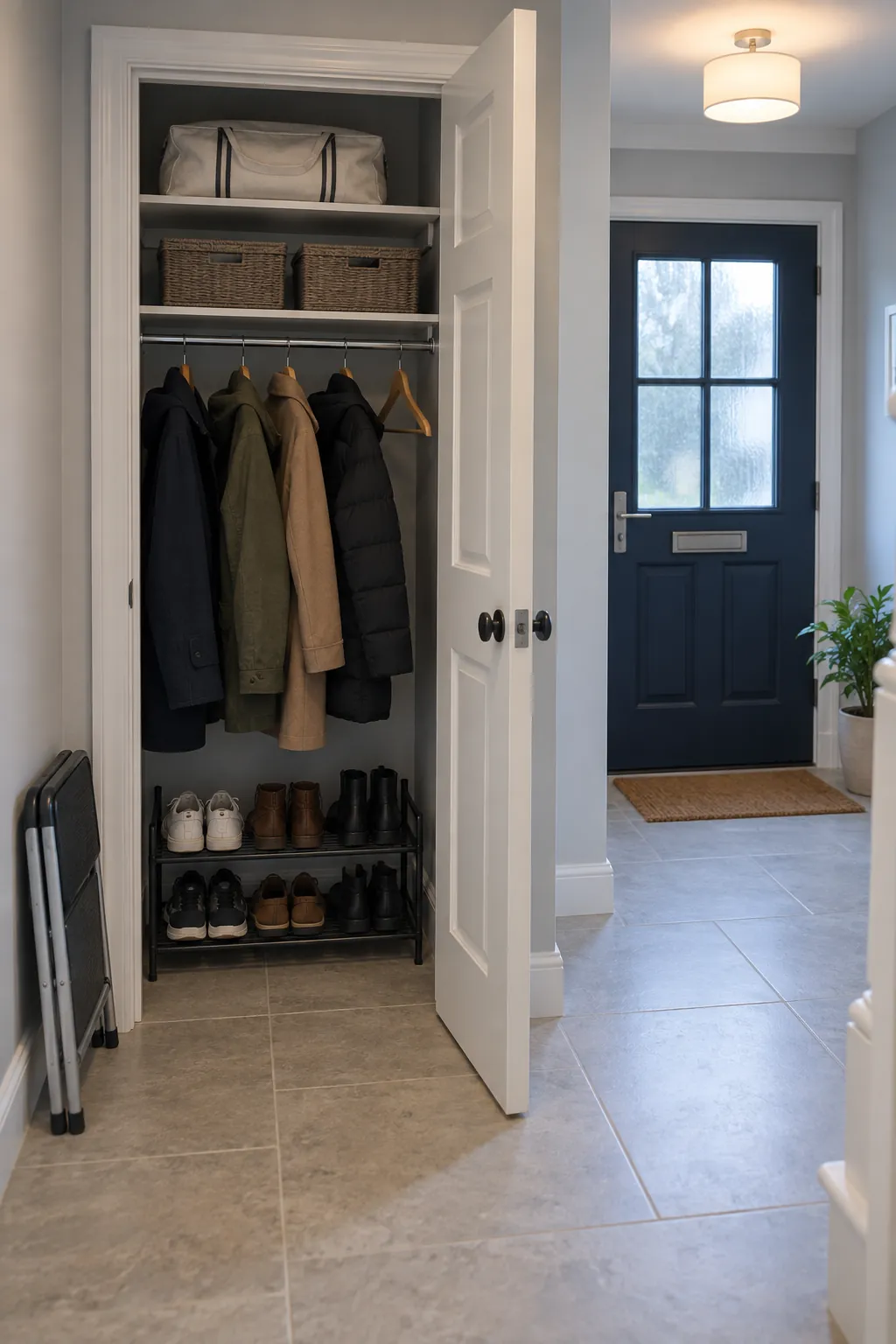 Organized hall closet with clear access to daily coats and shoes
