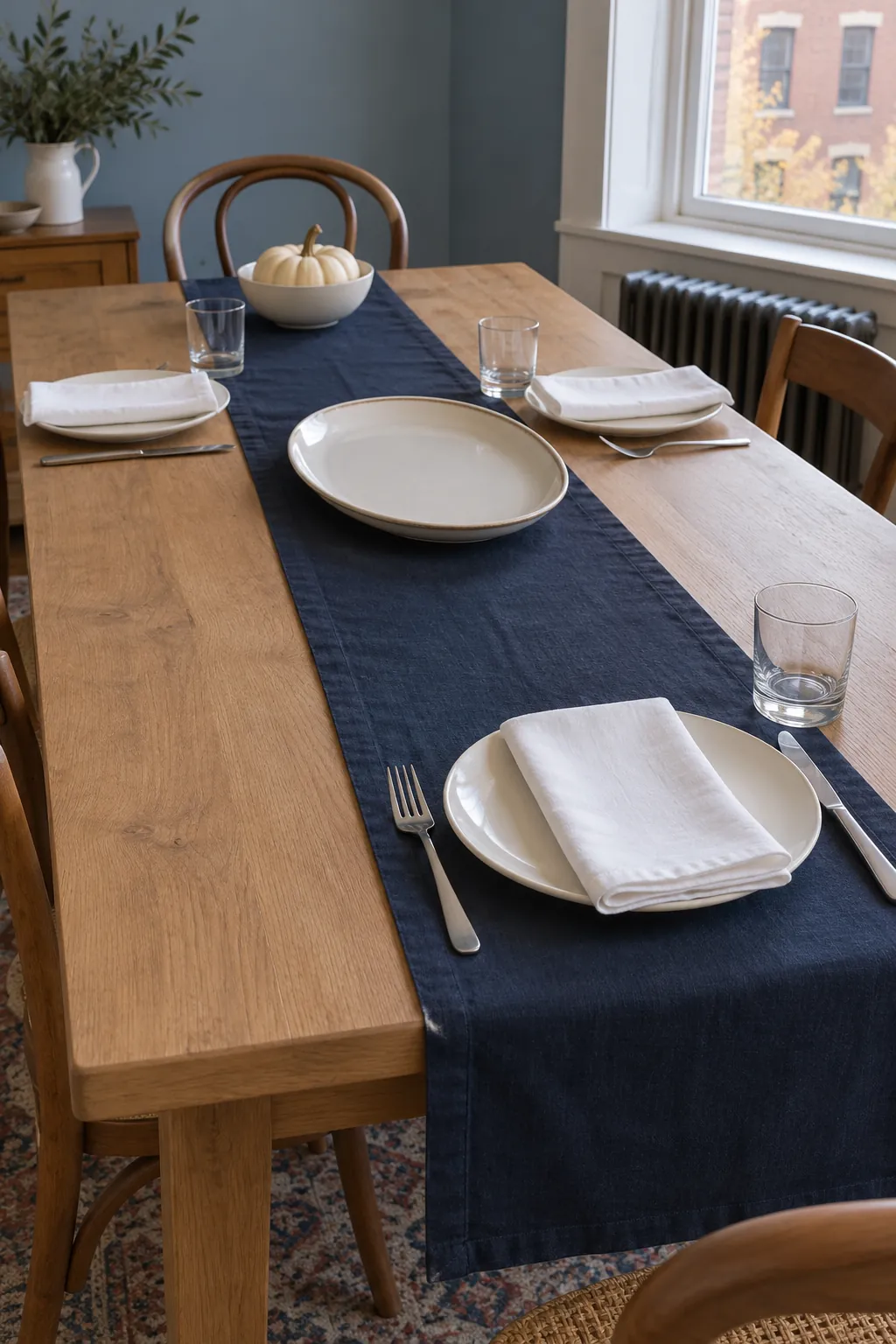 Navy Runner with White Linen Napkins for a blue and white Thanksgiving table
