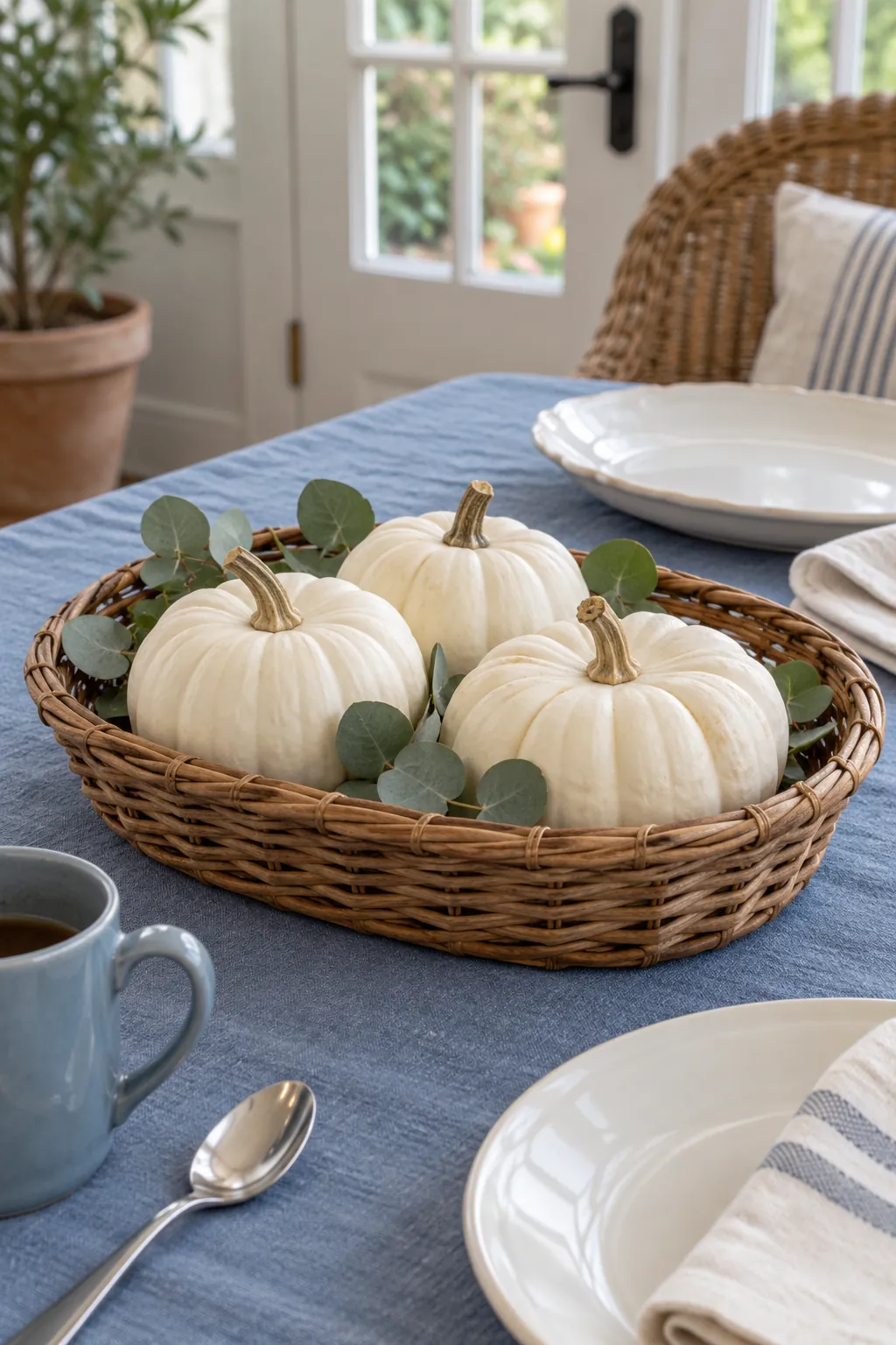A Low Willow Basket of White Pumpkins for a blue and white Thanksgiving table