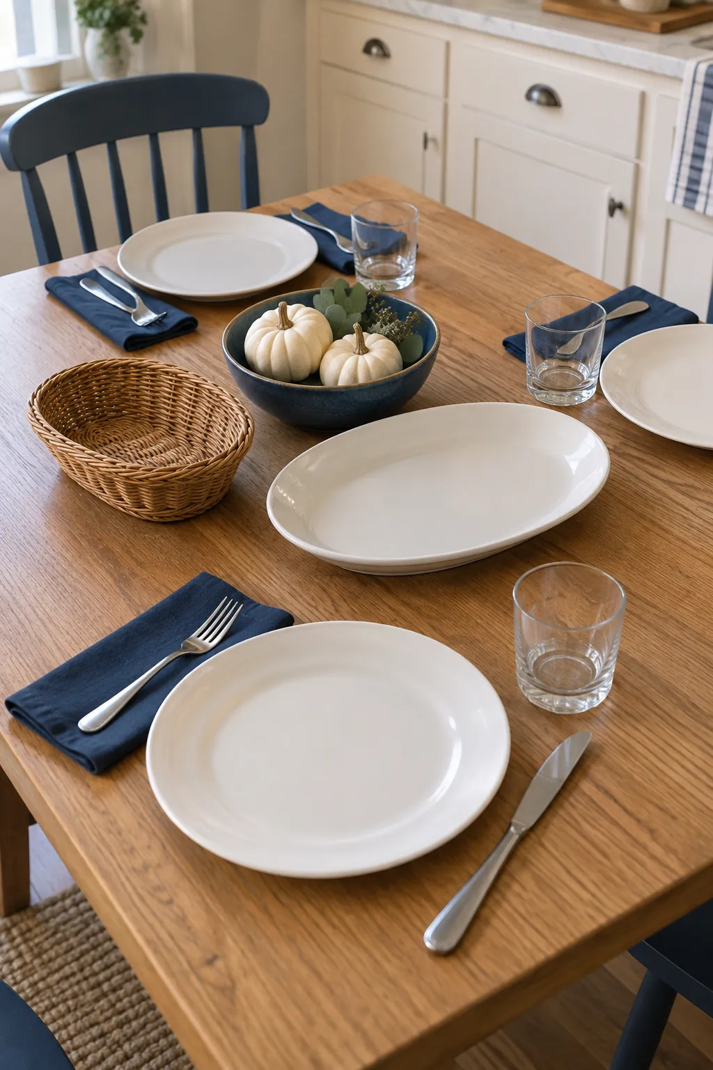 Blue and white Thanksgiving table with low white pumpkins and an empty serving dish