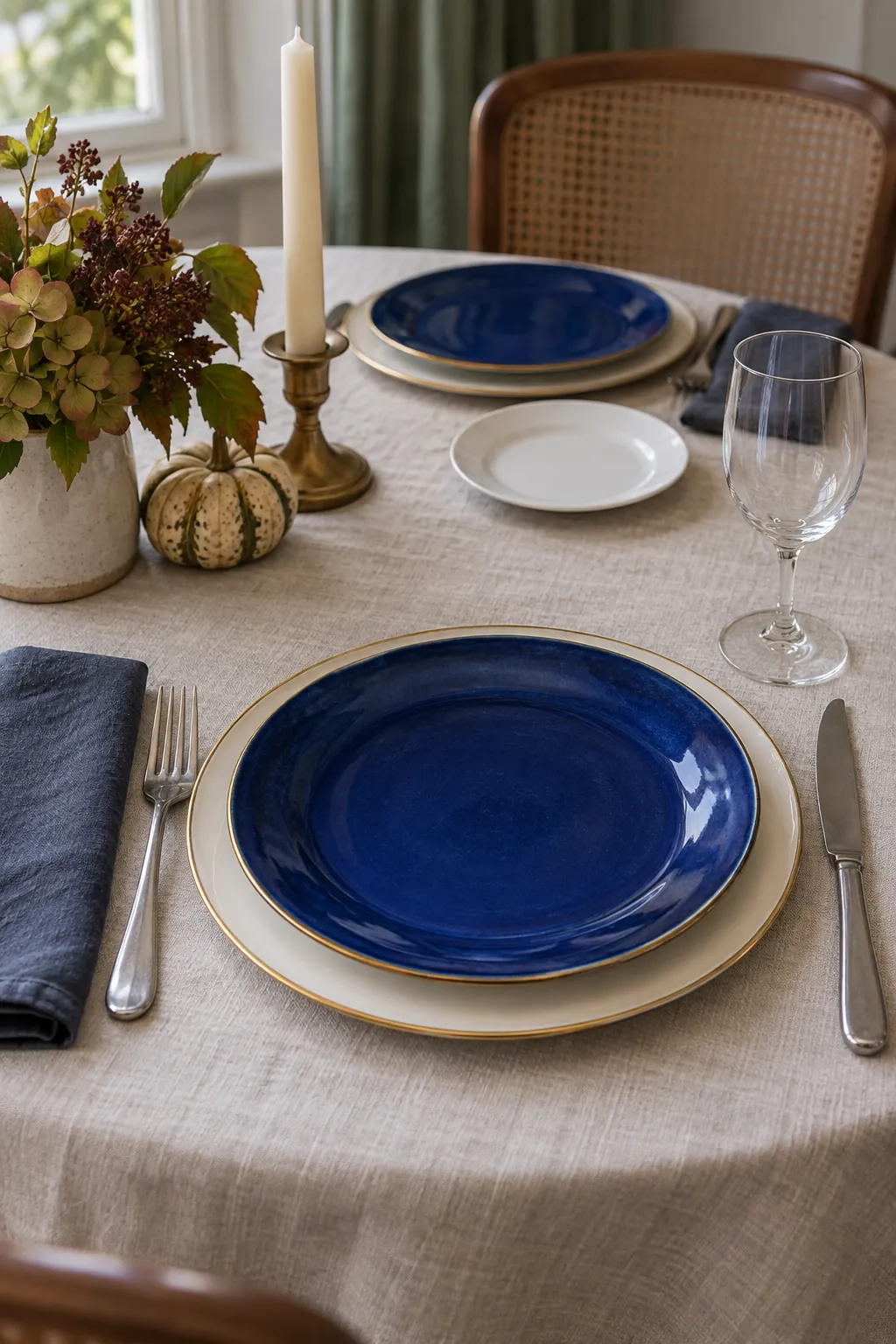 Blue Plates on Chargers with a Fine Gold Rim for a blue and white Thanksgiving table