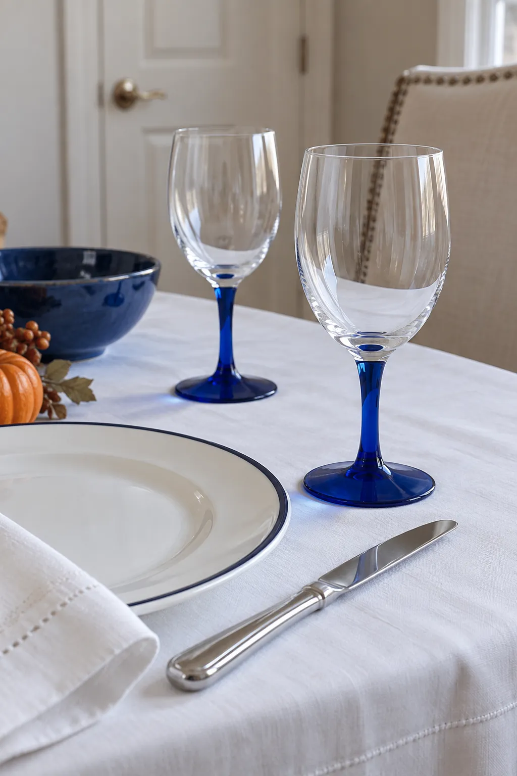 Clear Glasses with Blue Stems for a blue and white Thanksgiving table