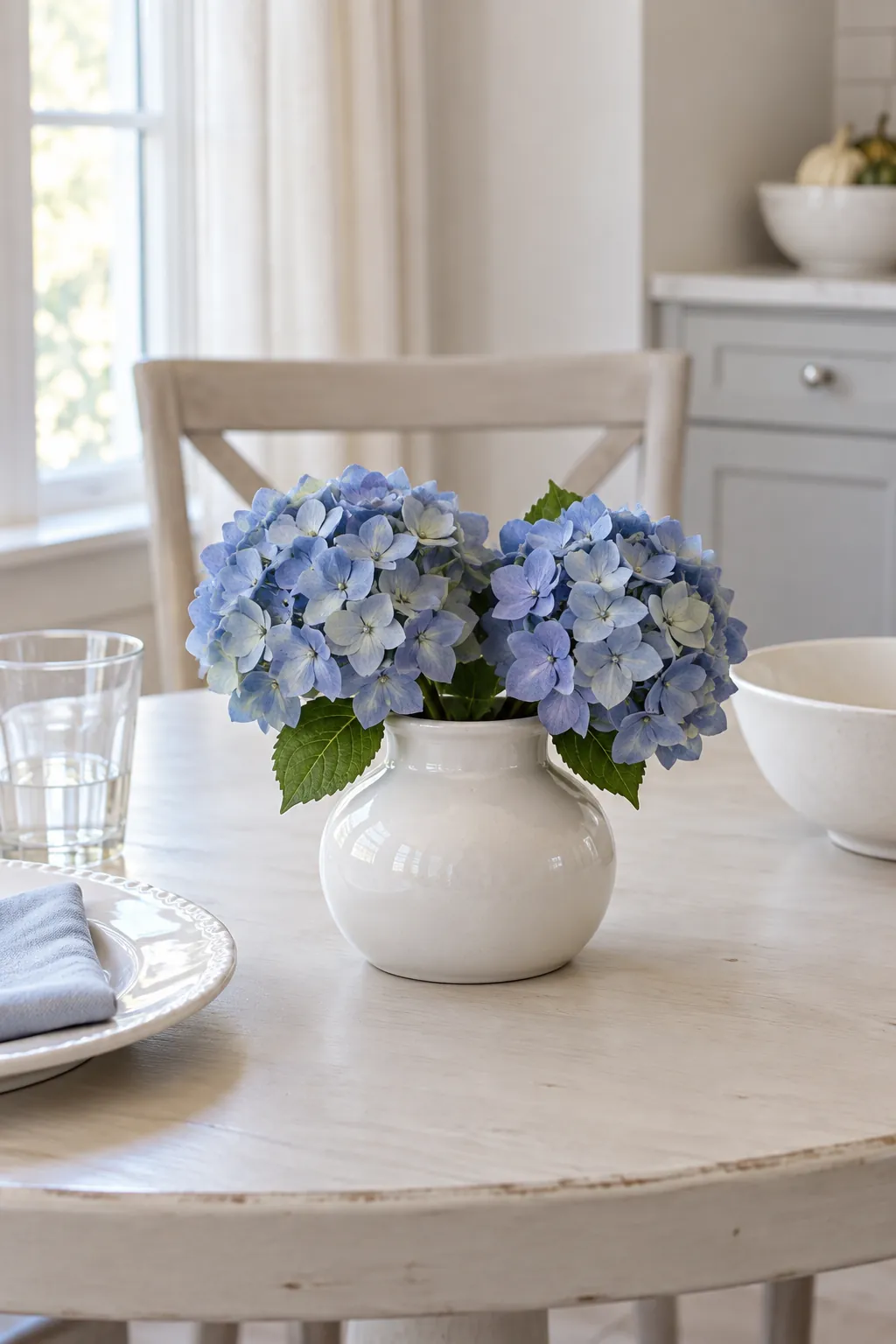 Short White Vases with Blue Hydrangeas for a blue and white Thanksgiving table