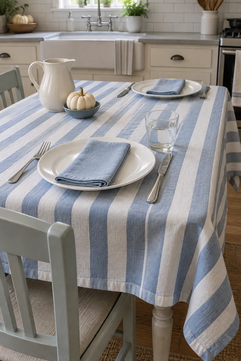 Blue Stripes with Plain Dinnerware for a blue and white Thanksgiving table