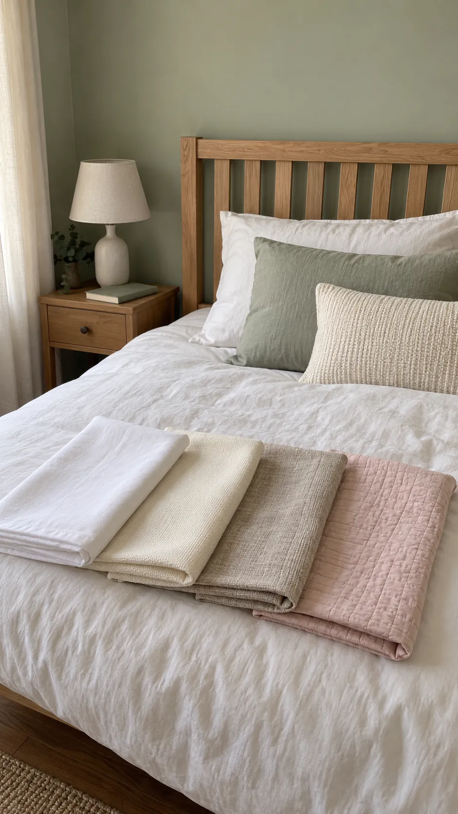 Bedding fabric samples beside light sage walls and a wood headboard