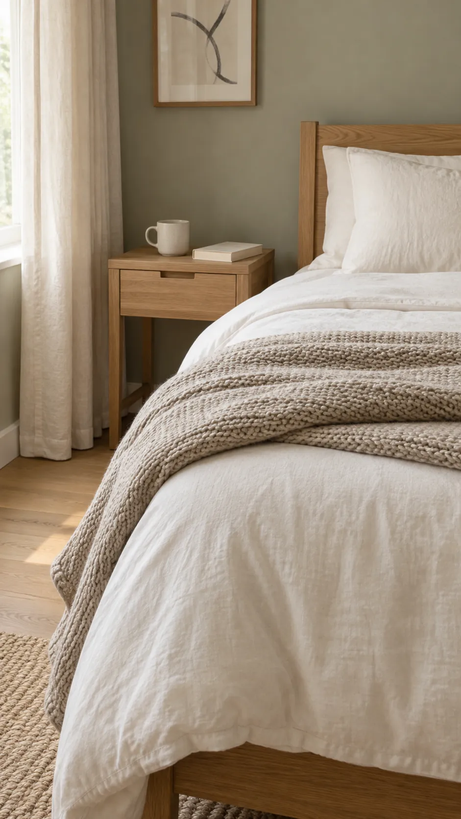 Ivory duvet and oatmeal throw with sage walls and oak furniture