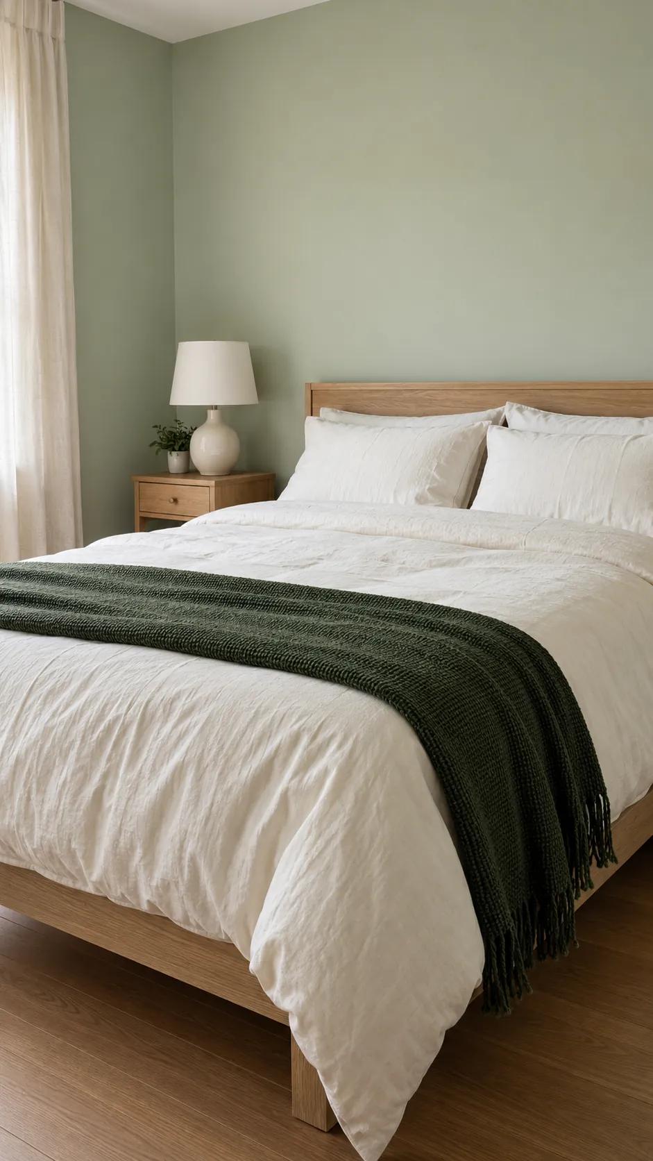 Ivory bedding and a deep green throw against light sage bedroom walls