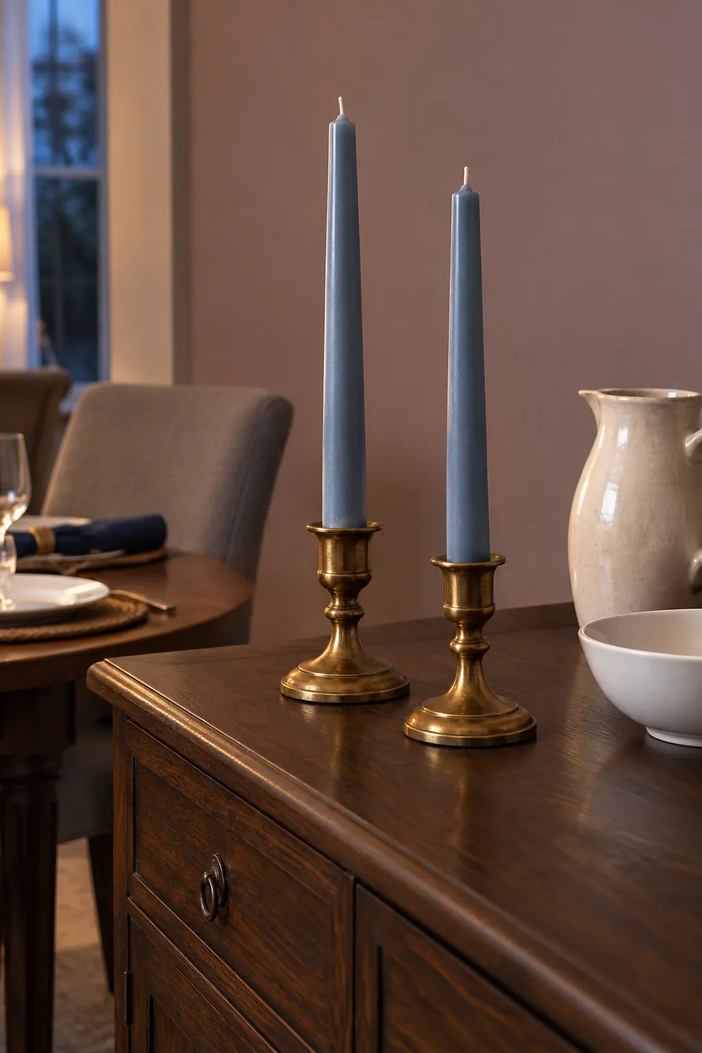Blue Tapers in Stable Brass Holders for a blue and white Thanksgiving table
