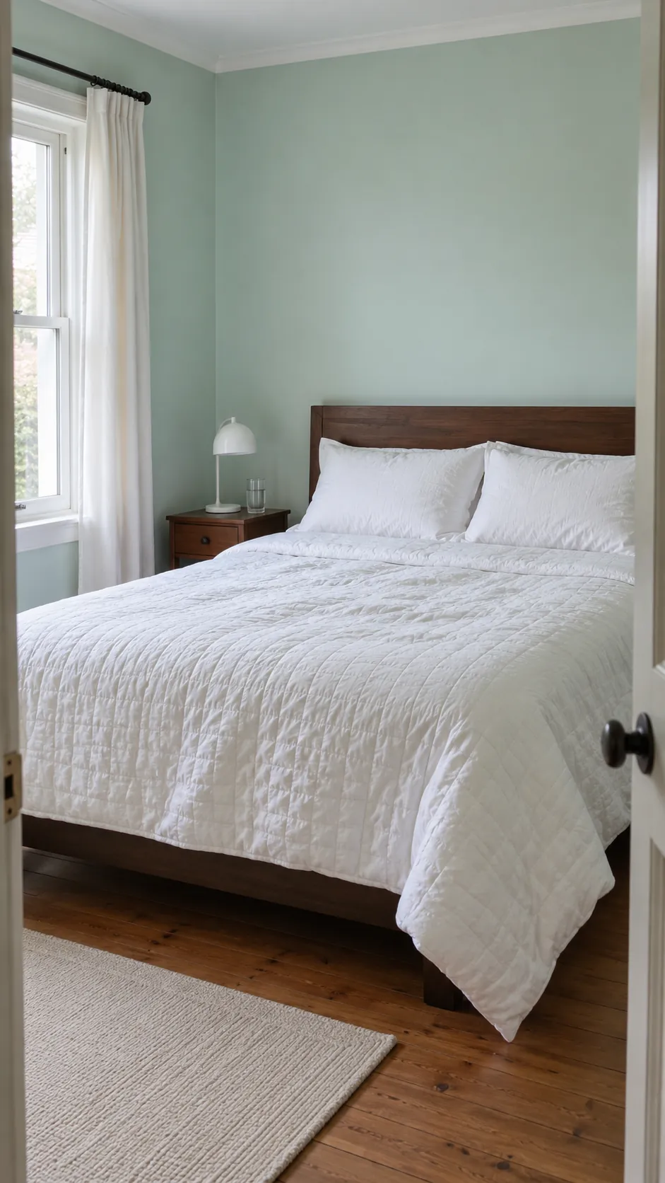 White quilt on a bed against pale mint bedroom walls
