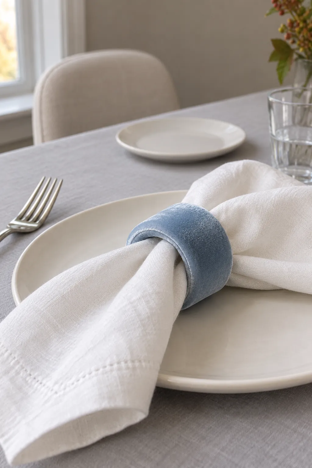 Soft Blue Velvet Napkin Rings for a blue and white Thanksgiving table